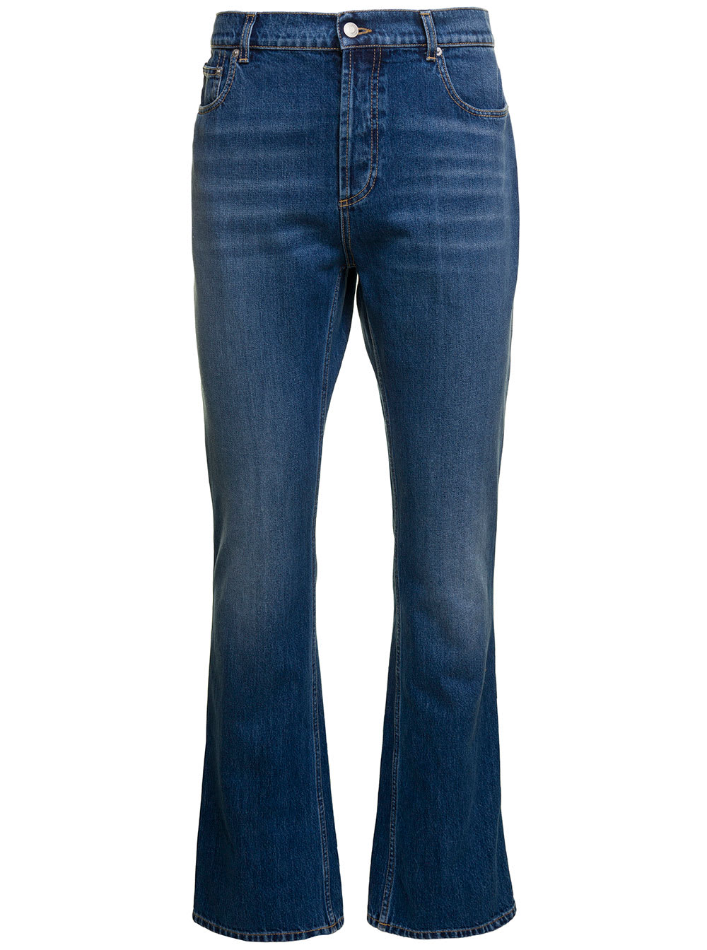 Alexander Mcqueen Blue Flared Jeans With Logo Patch In Cotton Denim Man