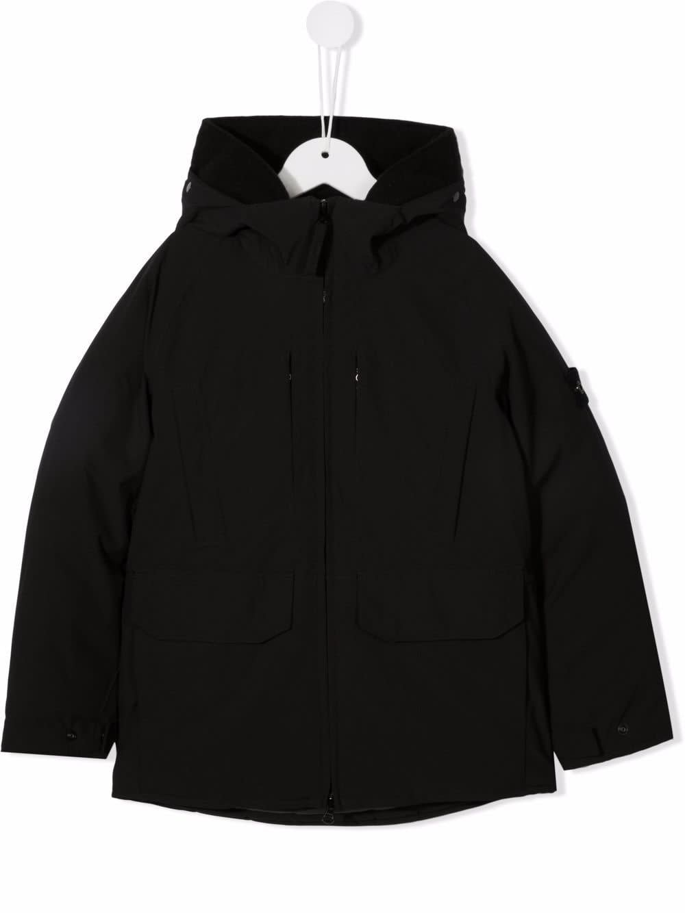 Click to view more detailed imagery on our partner's website Stone Island Junior Kids Black Soft Shell-r E.dye® Technology Down Jacket In Nero