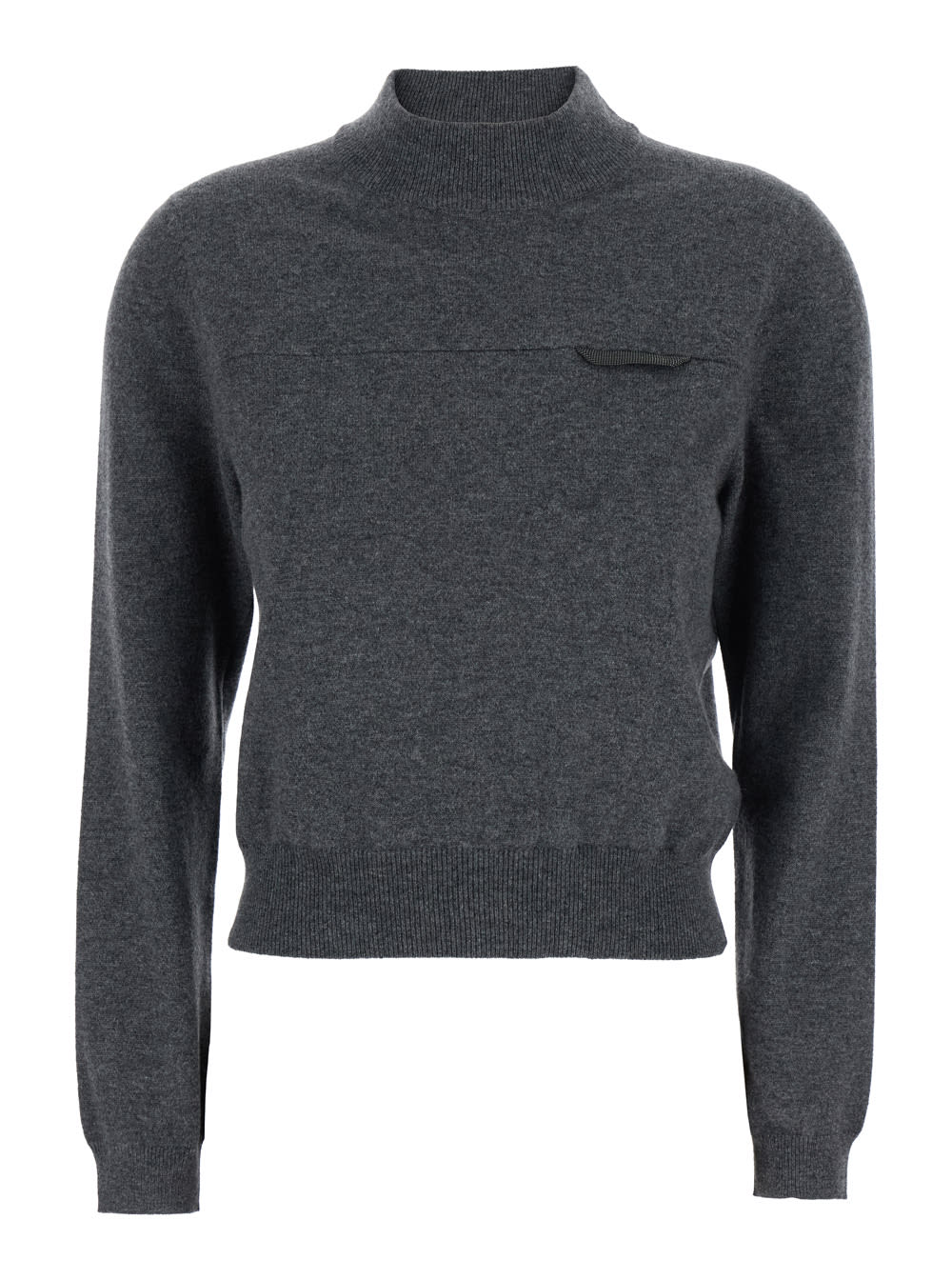 Brunello Cucinelli Grey Sweater With Mock Neck And Monil Detail On The Front In Cashmere Woman