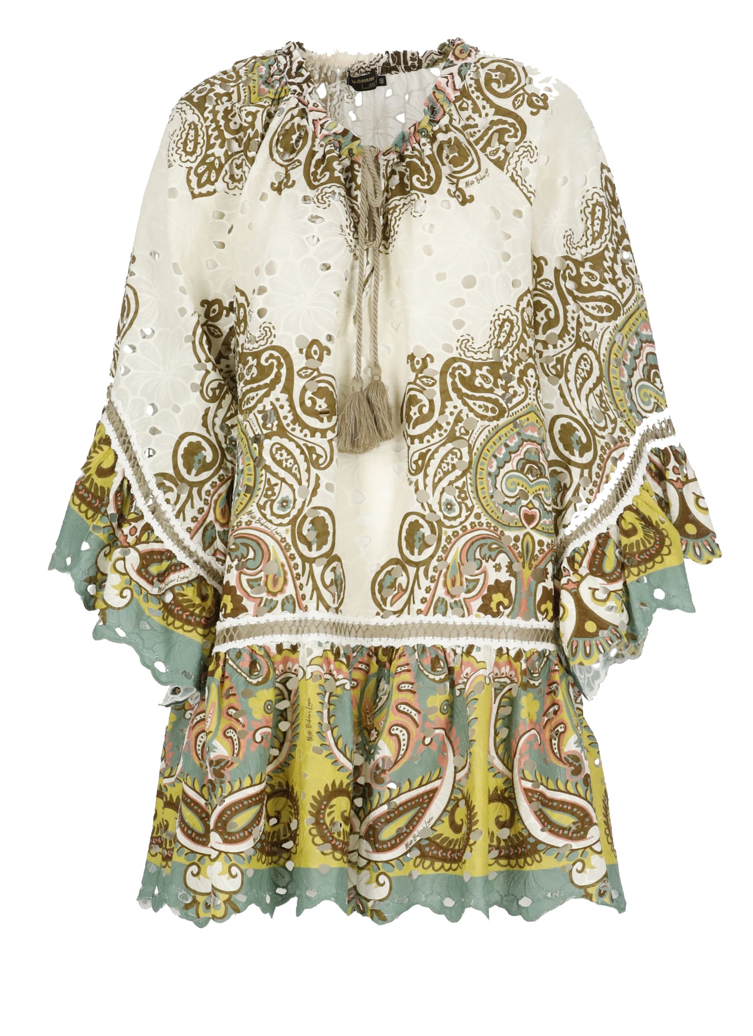 Miss Bikini Ivory Cotton Caftan With Floral Perforations In Multi