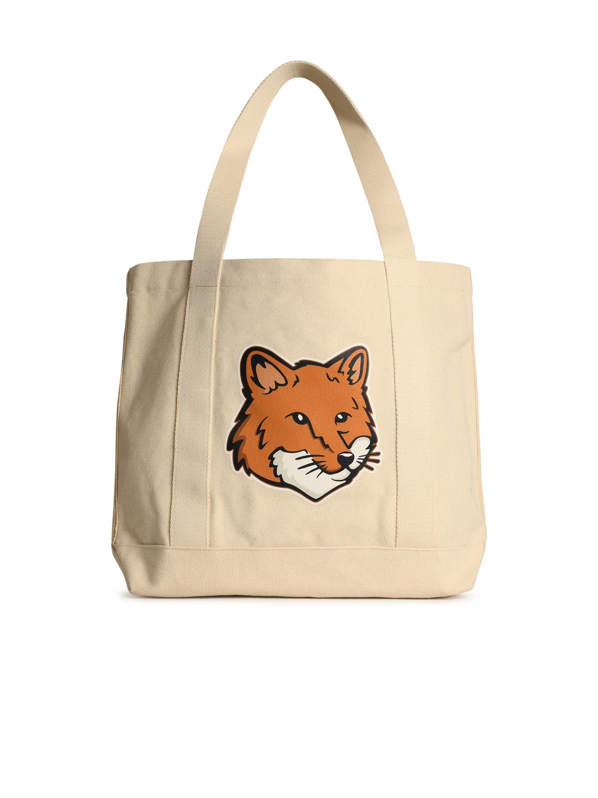 MAISON KITSUNÉ FOX HEAD LIGHT BEIGE COTTON SHOPPING BAG