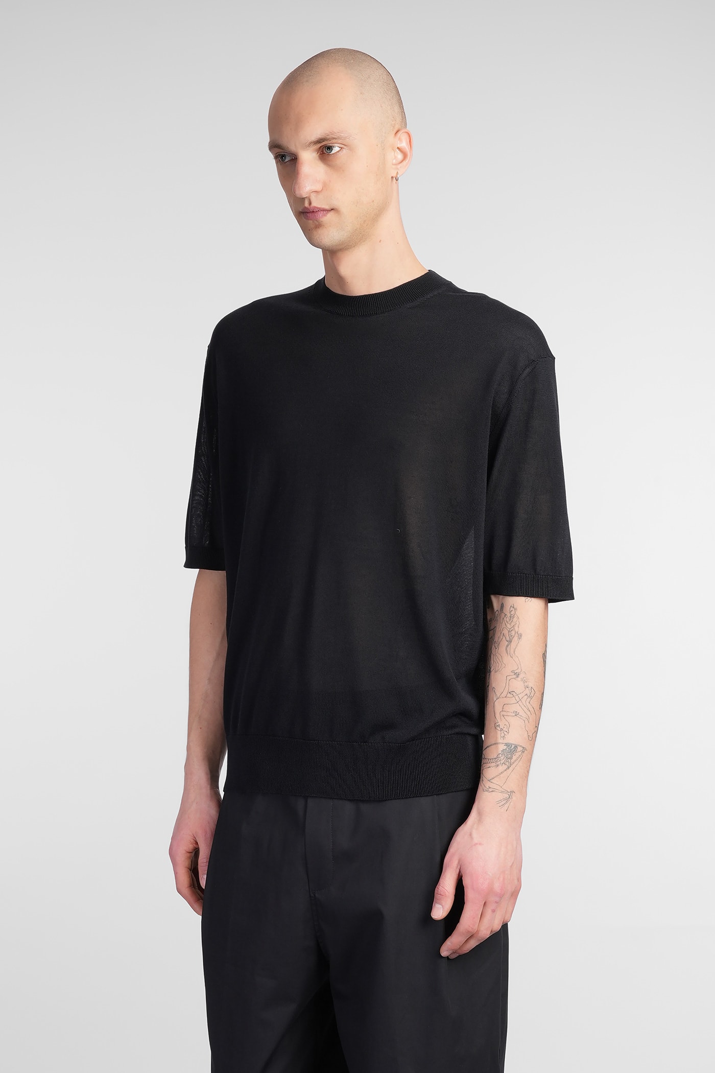 Laneus Relaxed Fit Polo Knitwear In Luxurious Wool-cashmere Blend In Black