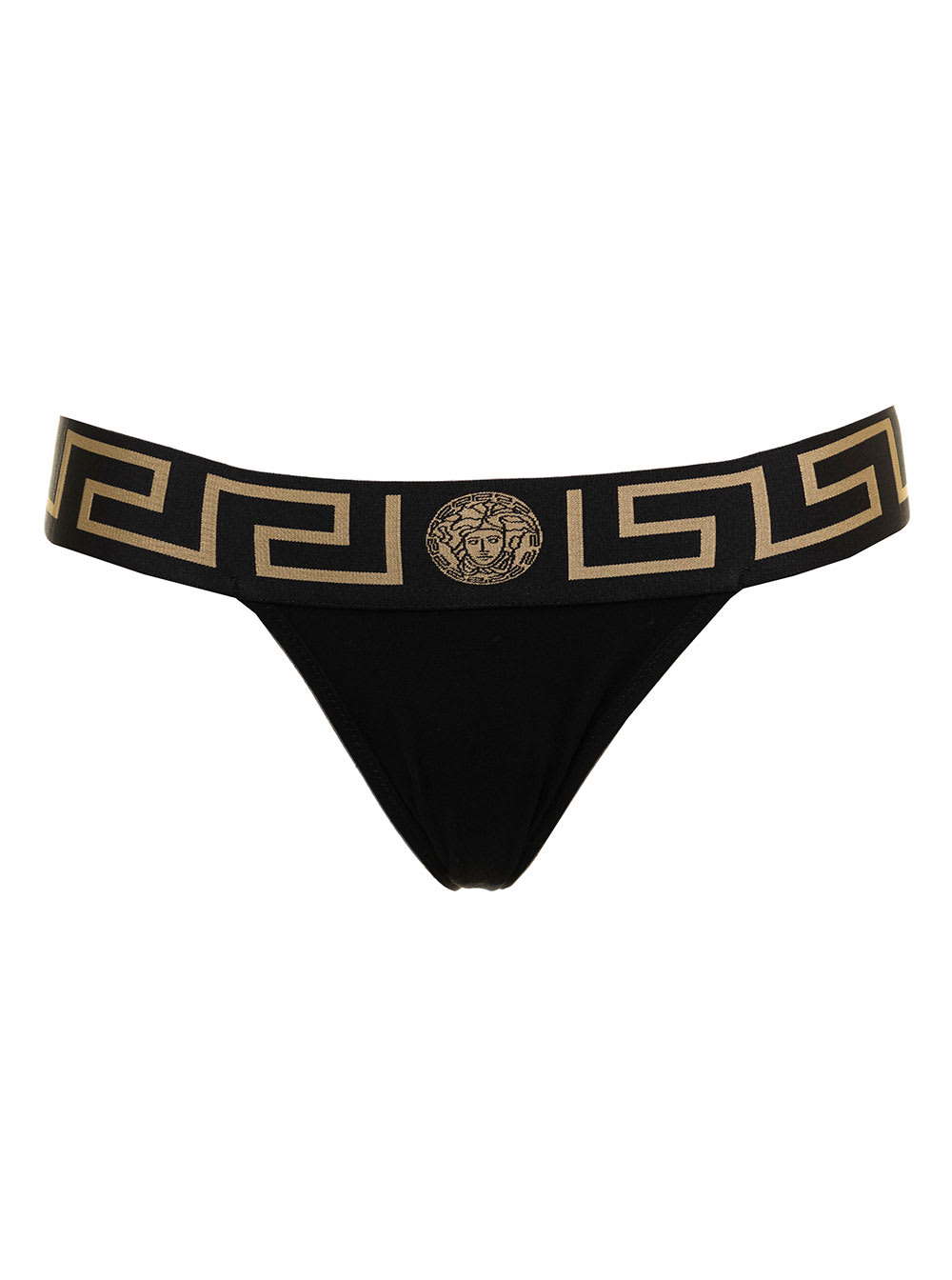 Shop Versace Black Thong With Medusa Head And Greca Motif In Cotton Woman