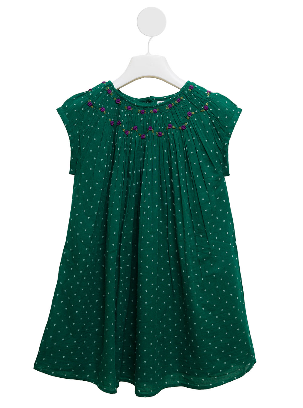 Emile Et Ida Kids Girls Green Cotton Dress With Hearts Print And Embroidered Floral Inserts