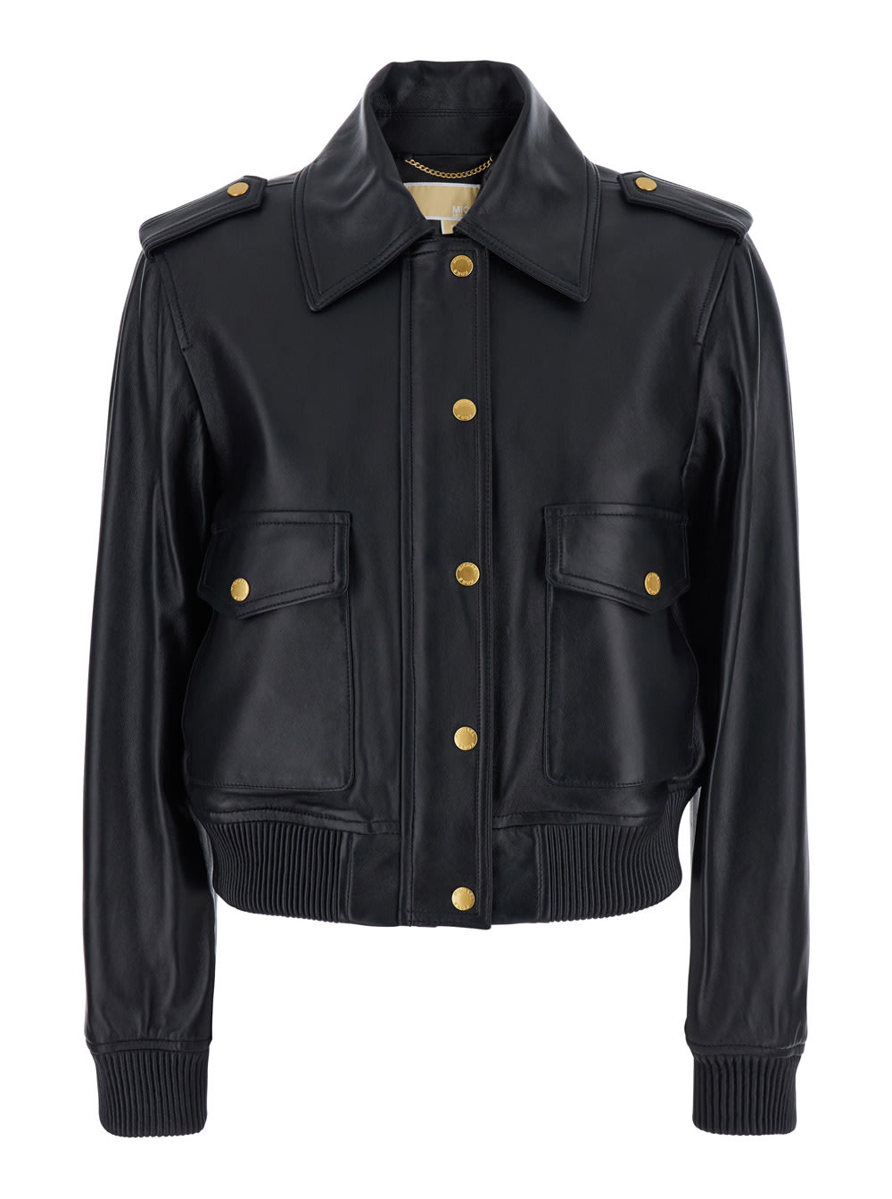 Black Jacket With Classic Collar Ans Ribbed Elastic Trims In Leather Woman