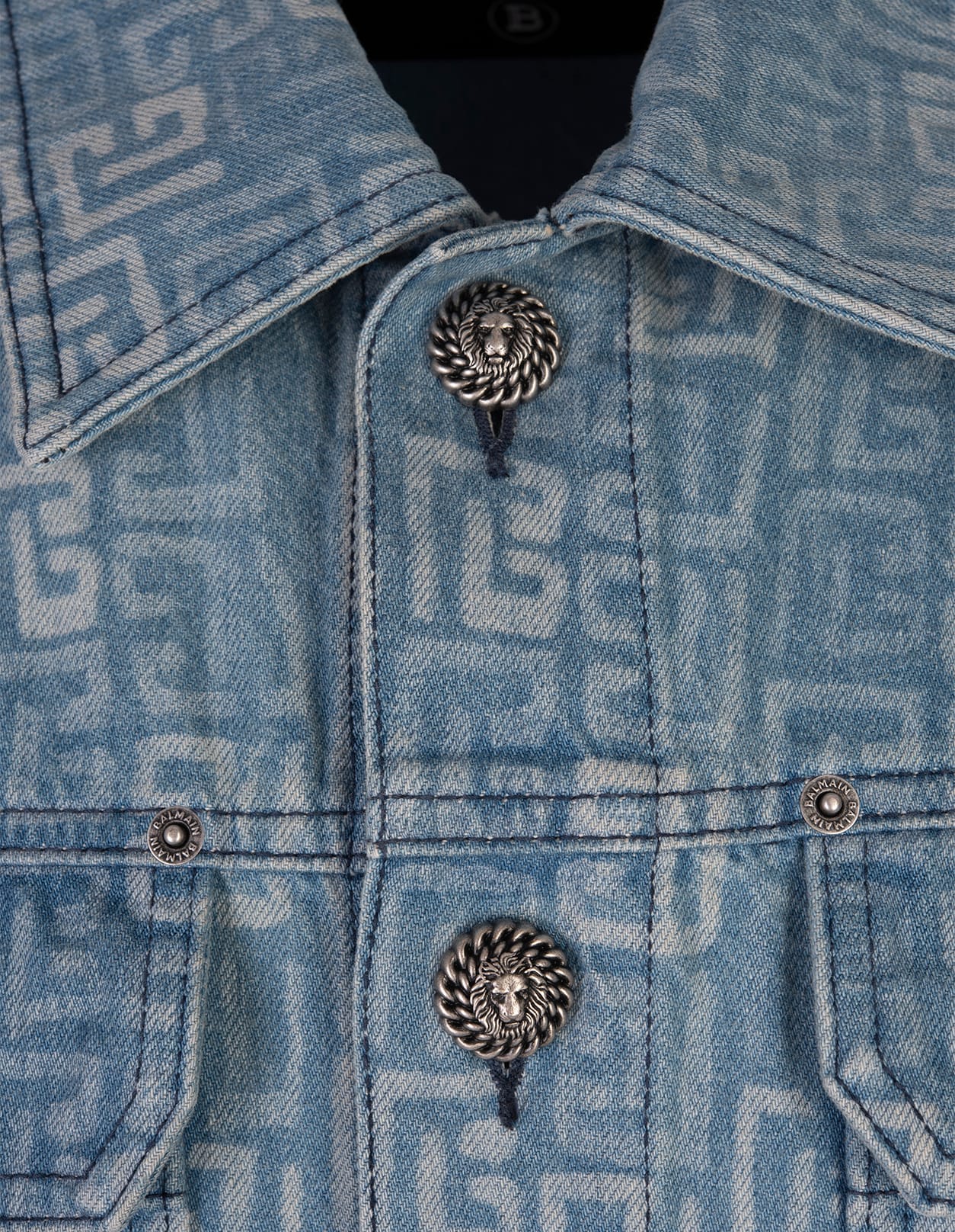 Shop Balmain Medium Blue Denim Jacket With Monogram Pattern