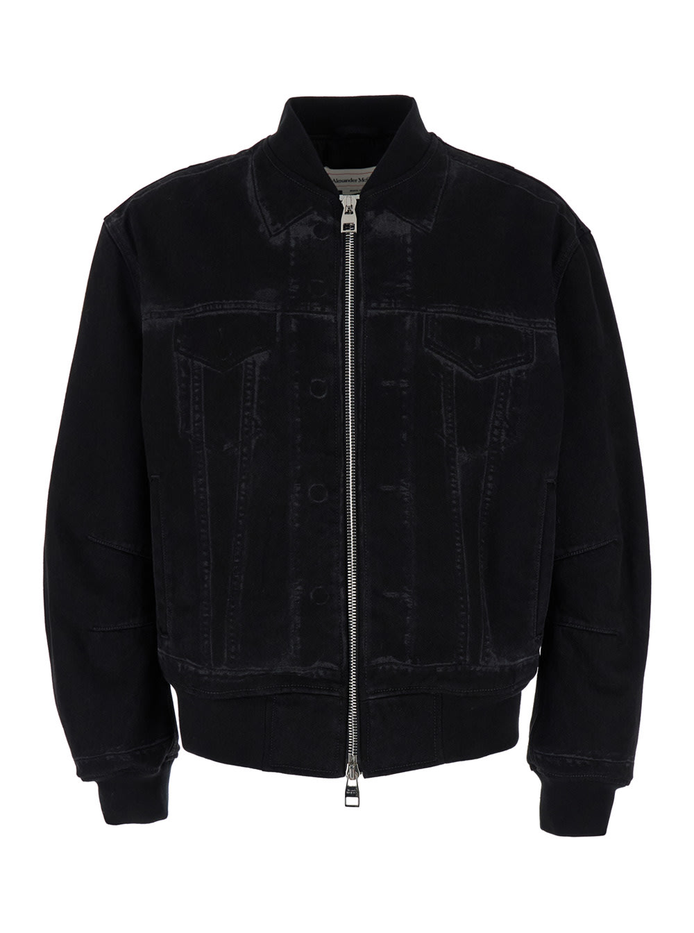 Shop Alexander Mcqueen Black Bomber Jacket With Ghostwash Print In Cotton Denim Man