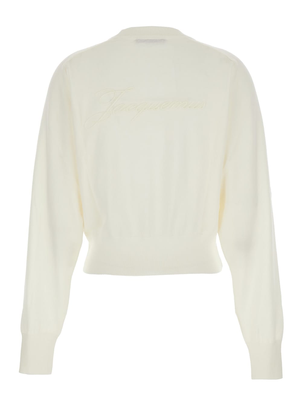 Jacquemus White Crew Neck Sweater With Back Logo In Merino Wool Woman In White