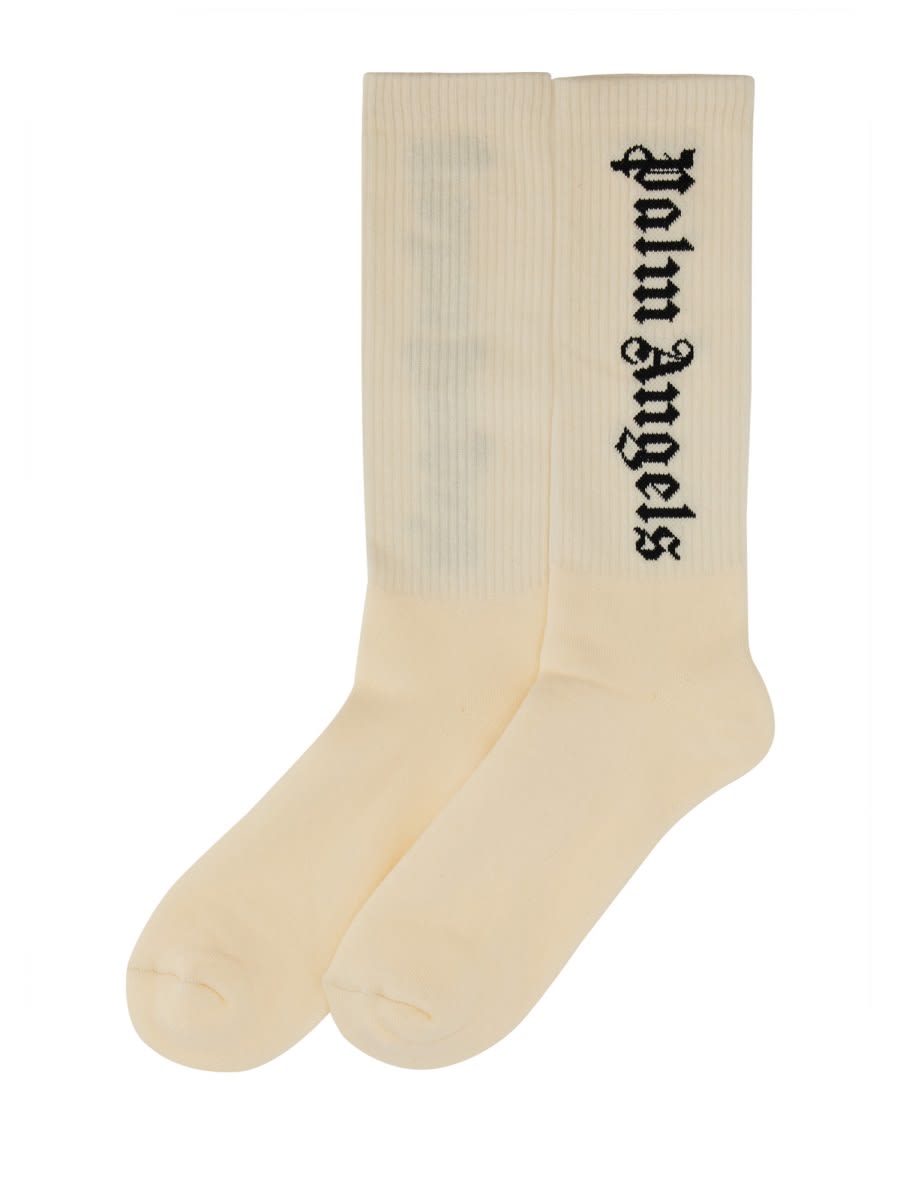 Shop Palm Angels Sock With Logo In Ivory