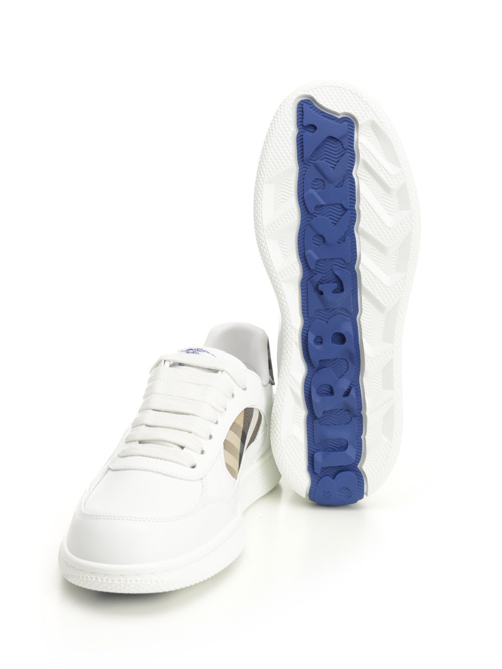 Burberry Low-top Leather Sneakers With Check Inserts In White