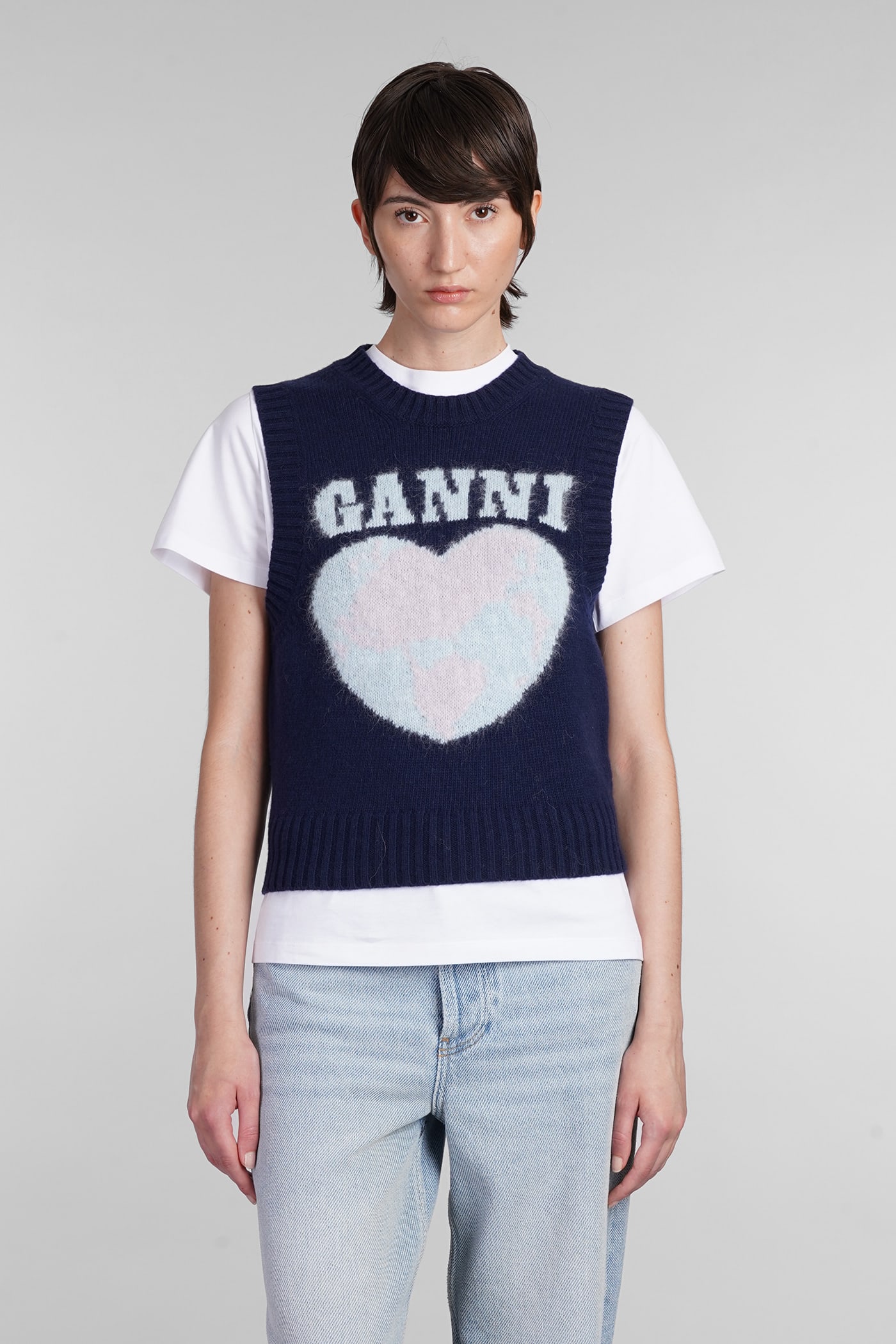 Shop Ganni Vest In Blue Wool