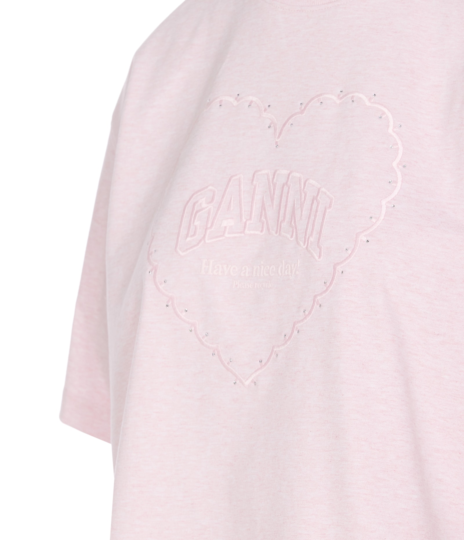 Ganni Crewneck Heart Motif Strass Embellished T-shirt In Pink