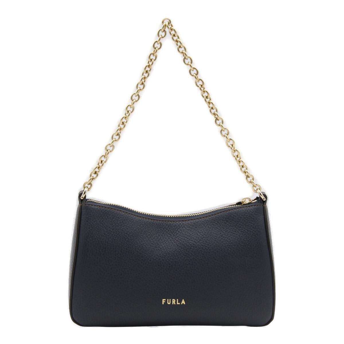 Shop Furla Primula Logo Plaque Chain-linked Shoulder Bag In Blue/grey