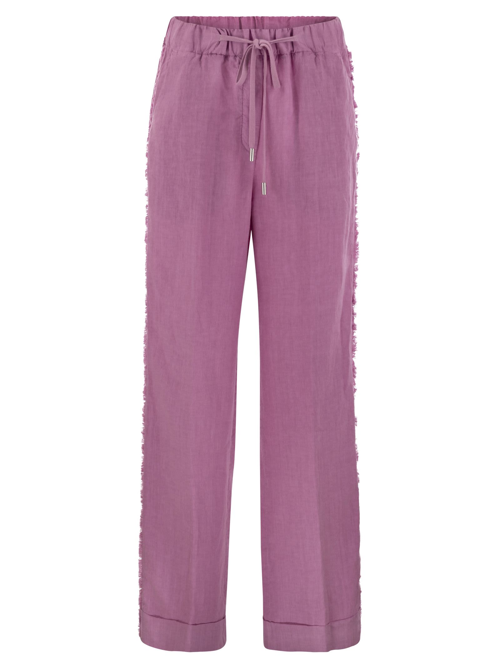 Shop Peserico Linen Trousers With Side Fringes In Pink