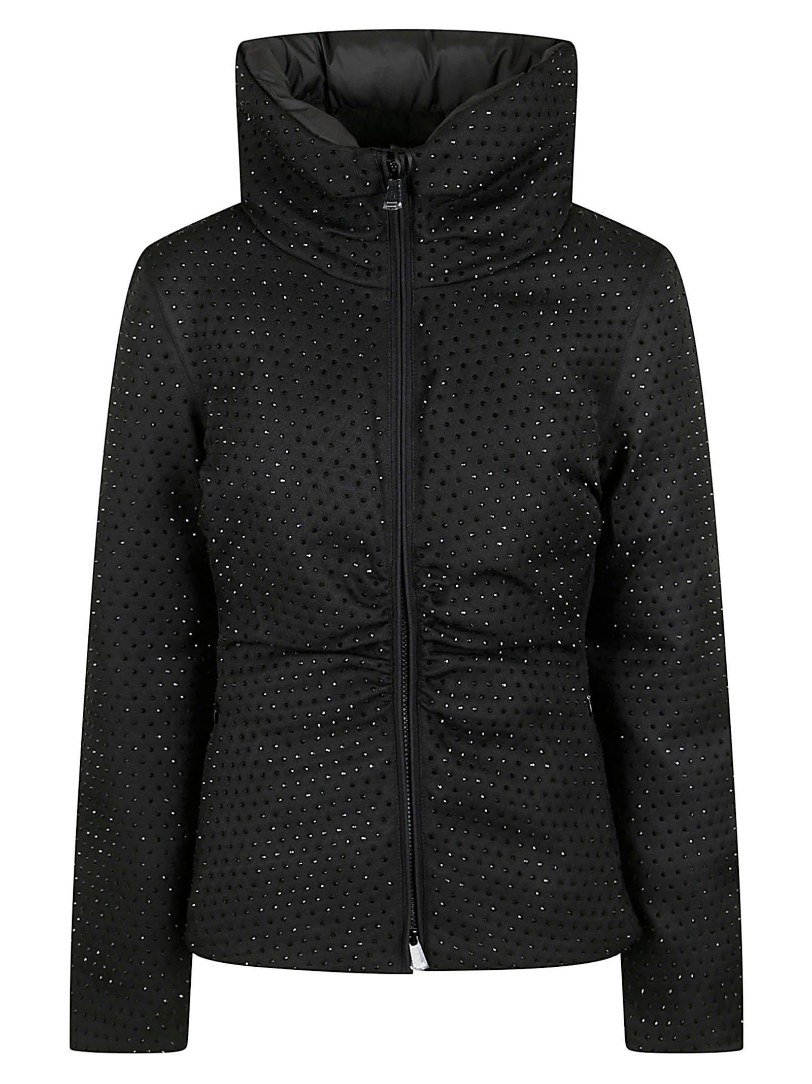 Pinko Cropped Black Rhinestone-embellished Down Jacket With High Collar In Black