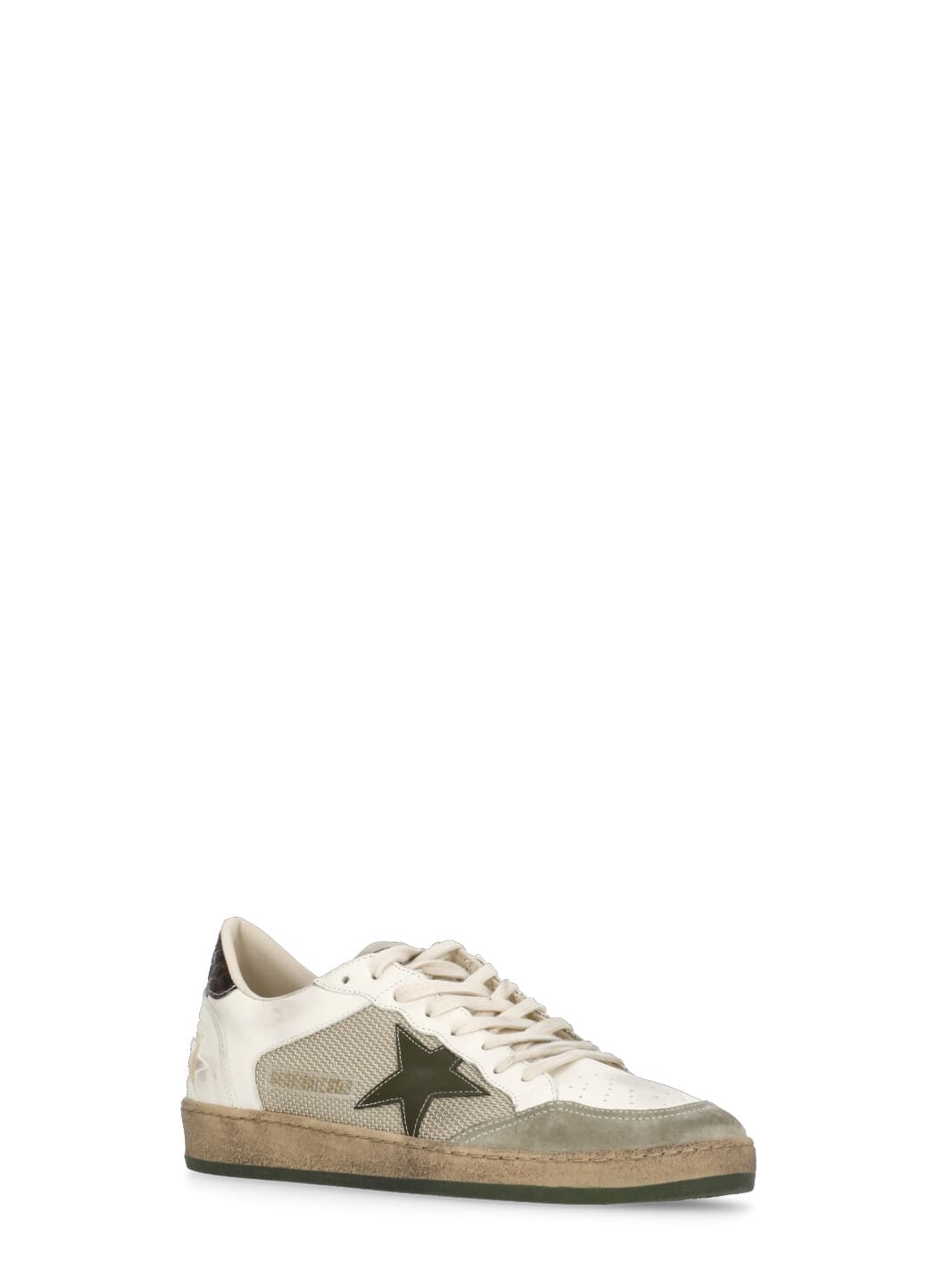 Golden Goose Ball Star Sneakers In Vintage Effect Leather With Olive Green Leather Star And Crocodile Effect Heel In White