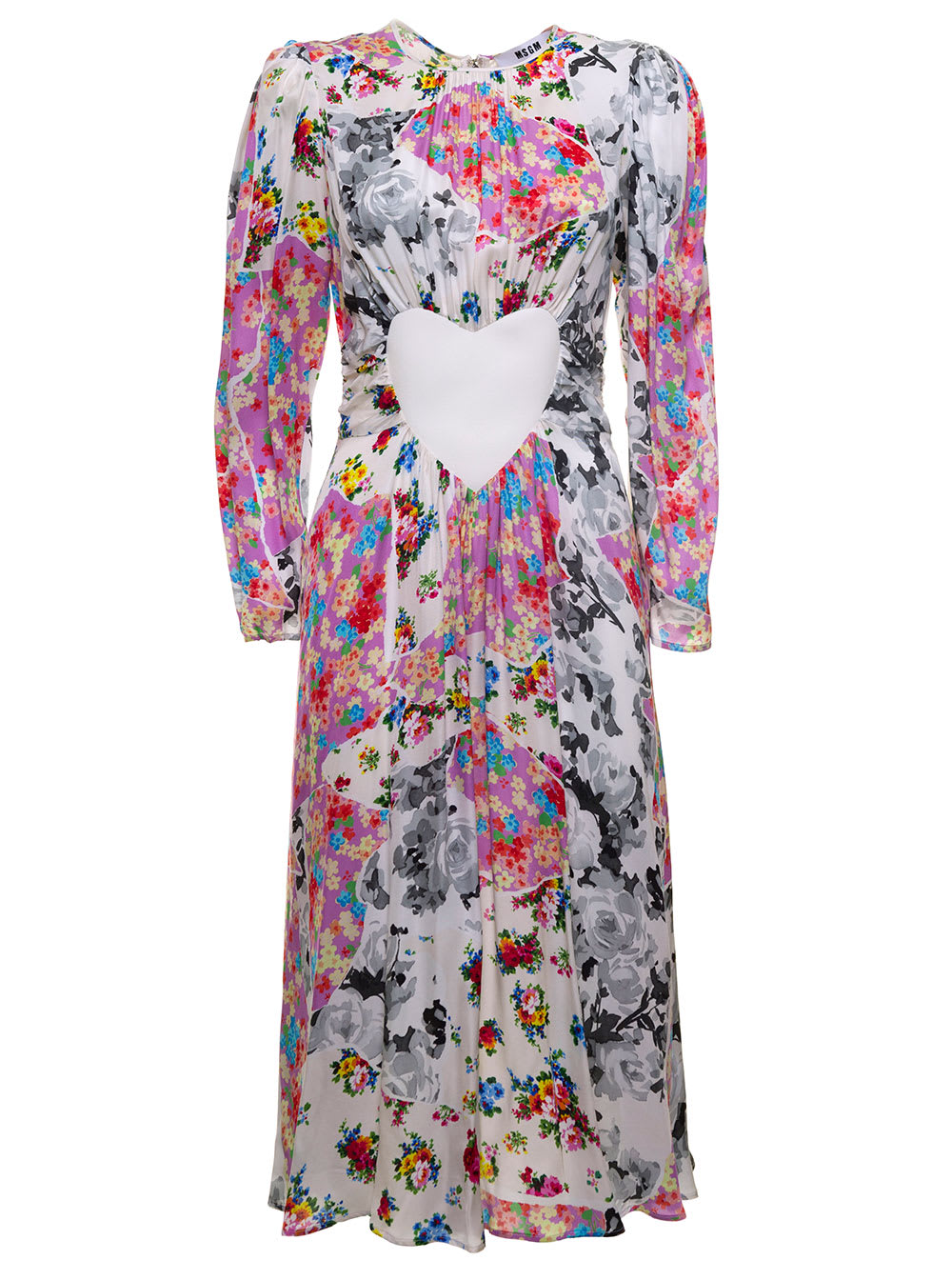 MSGM Long Floral Viscose Dress With Heart Patch