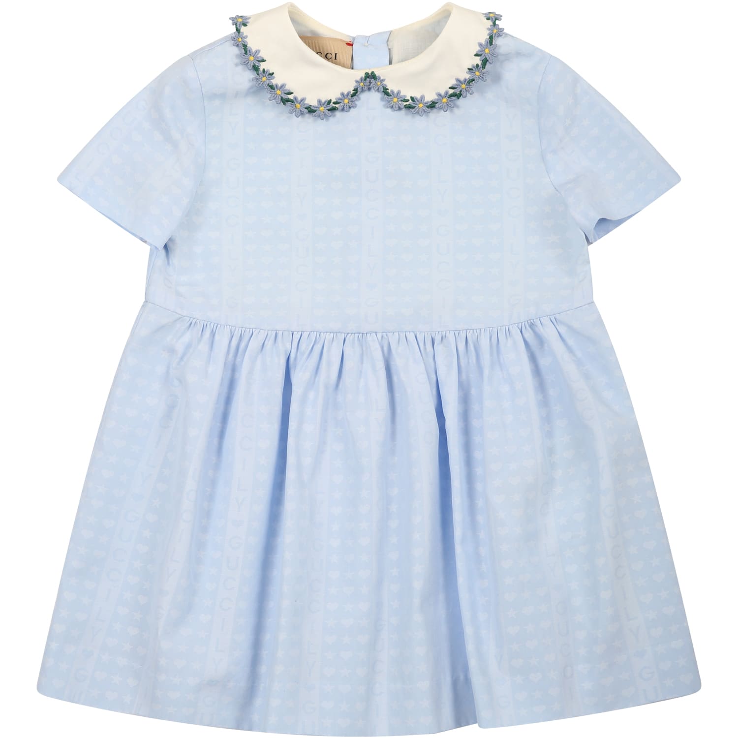 Light Blue Dress For Baby Girl With All-over guccily Writings