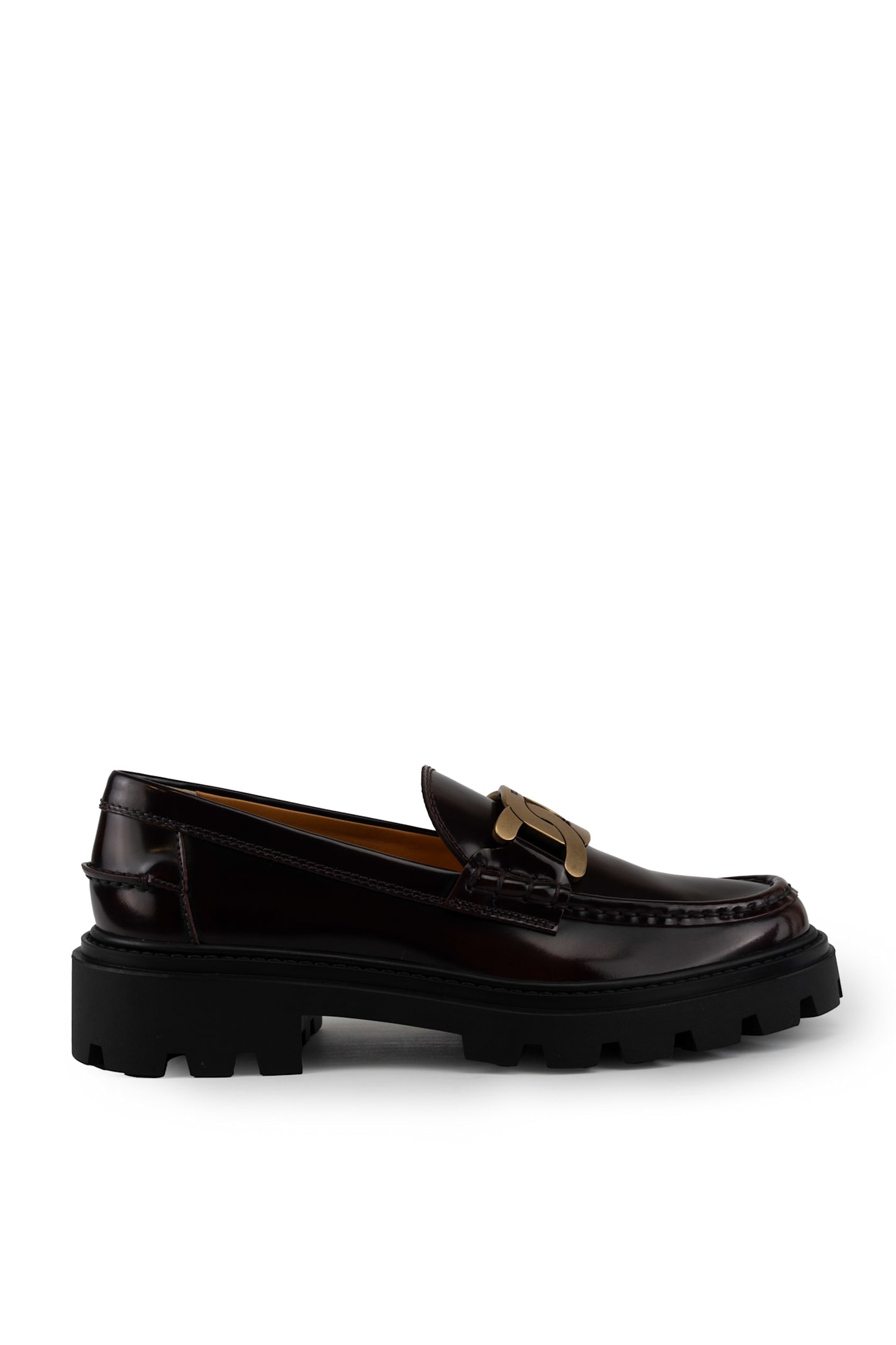 TOD'S BURGUNDY LEATHER LOAFERS WITH GOLD BUCKLE 