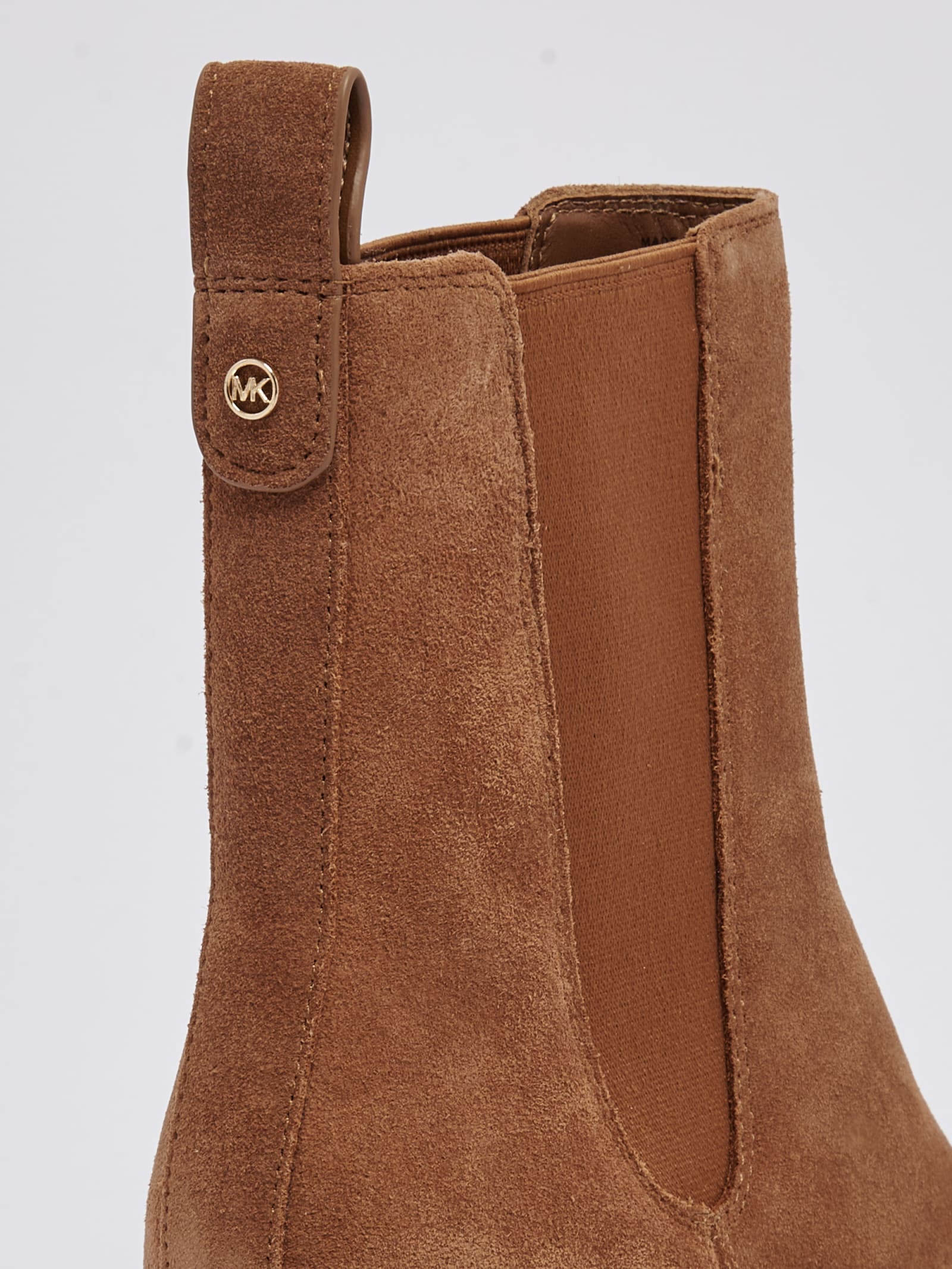 Michael Kors Women's Kinlee Pointed Toe Black Stretch Block Heel Booties In Brown
