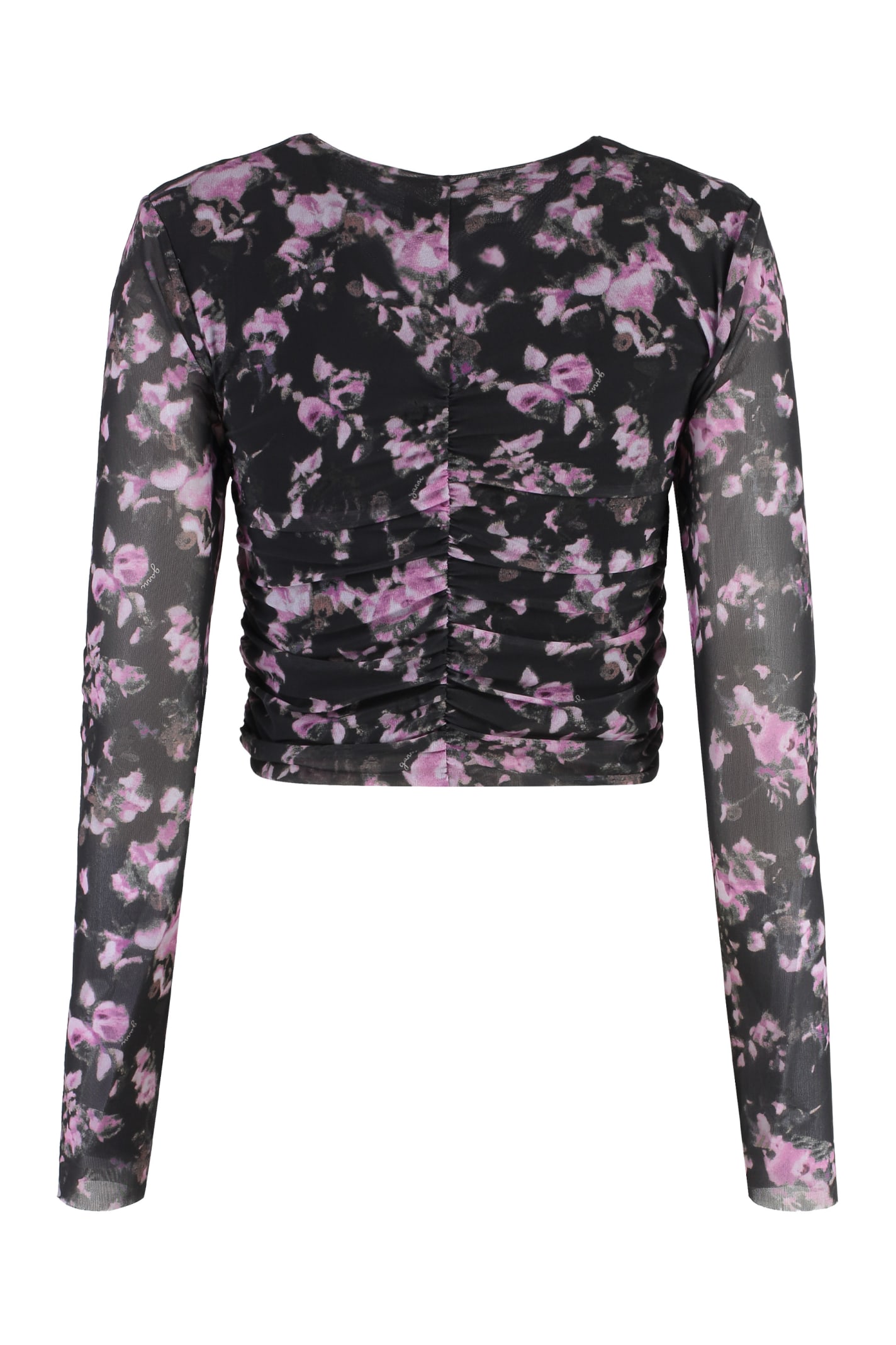Ganni Black Floral Printed Mesh Ruched Blouse In Grey