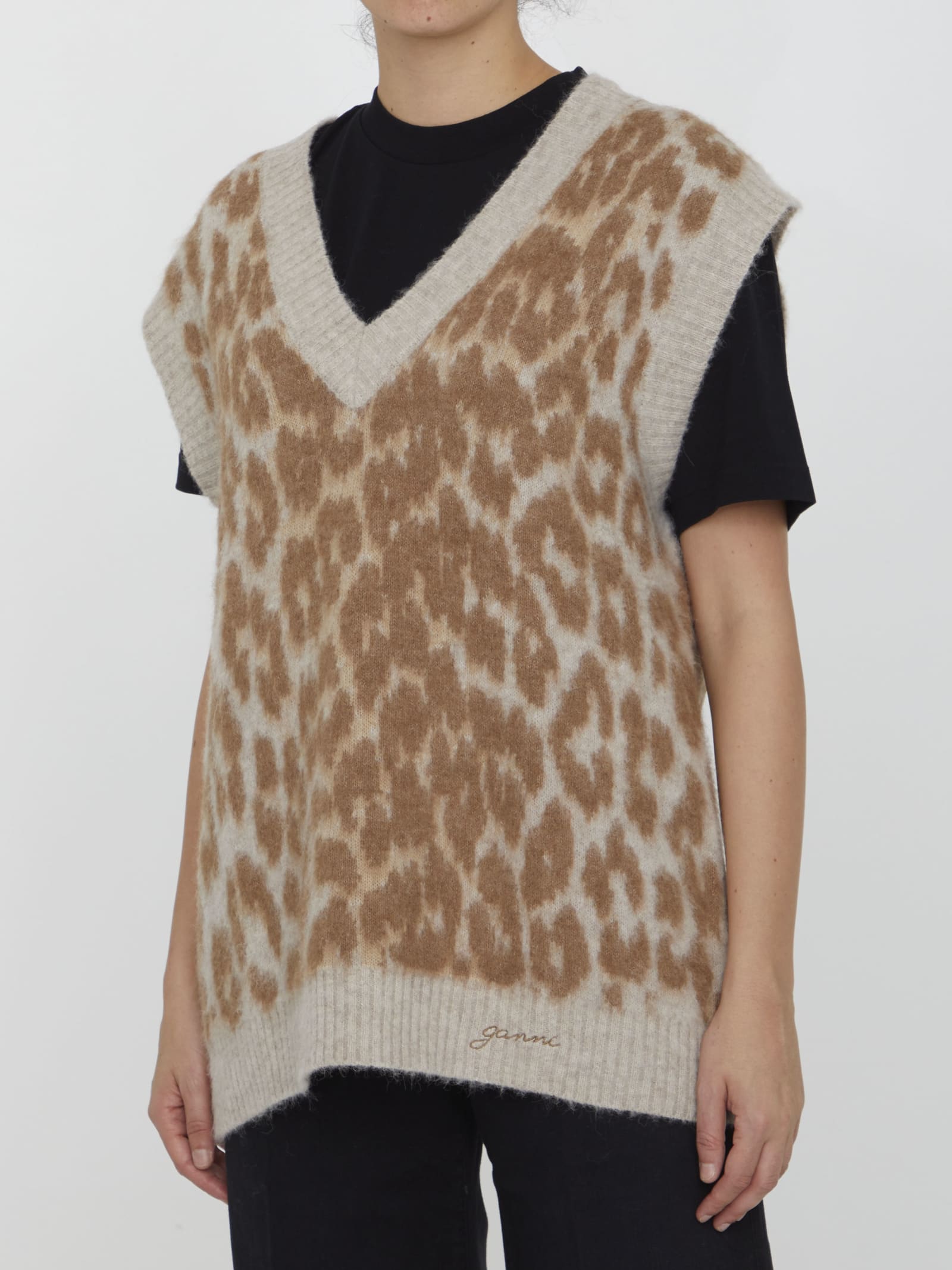Shop Ganni Leopard Jacquard Vest In Timber Wolf