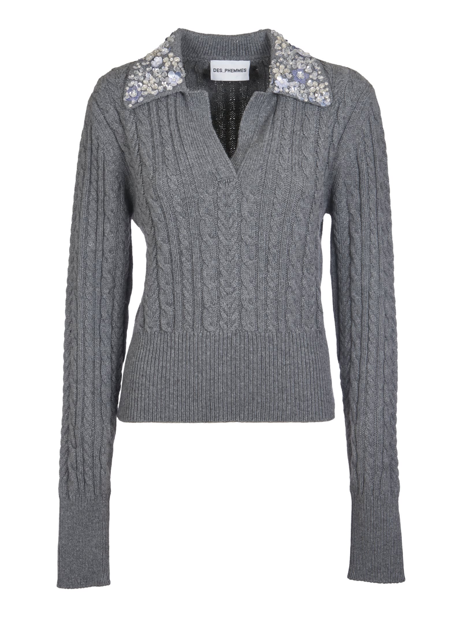 Des Phemmes Crystal Embellished Collar Cable-knit Polo Sweater