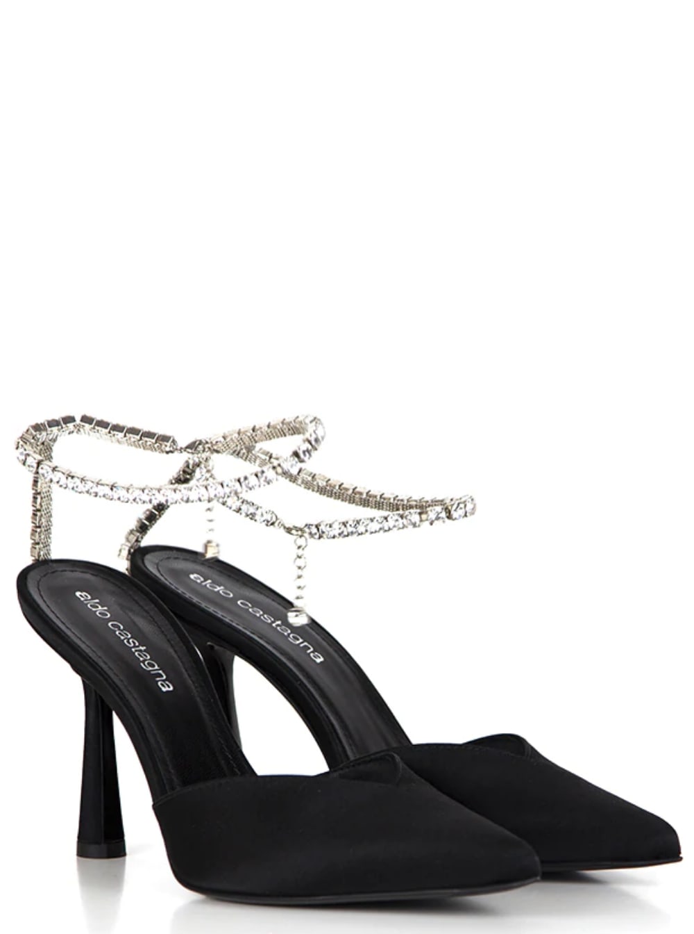 Aldo Castagna Womans Emily Silk Satin And Leather Pumps With Crystal Ankle Strap