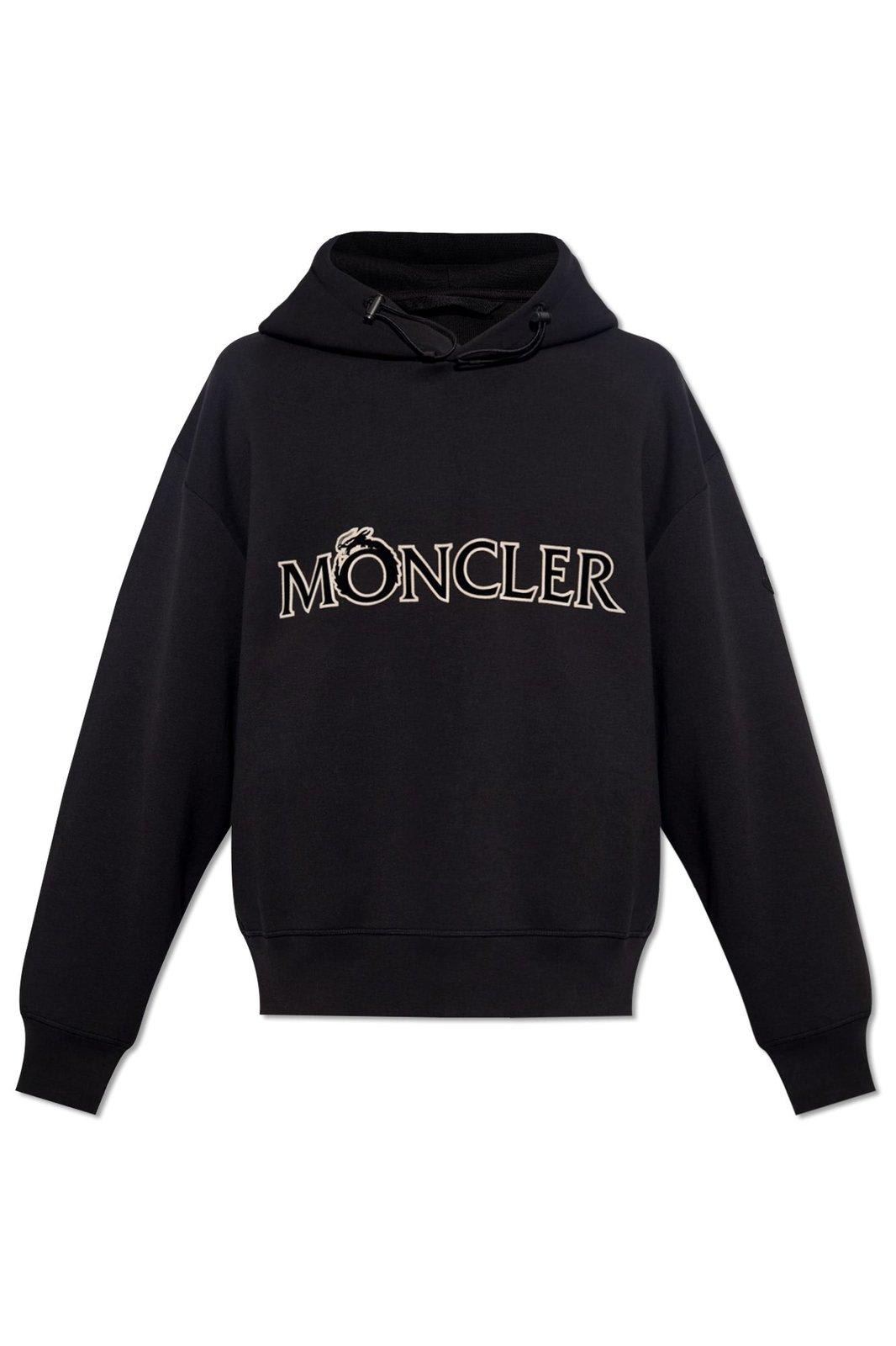 Shop Moncler Logo Embroidered Drawstring Hoodie