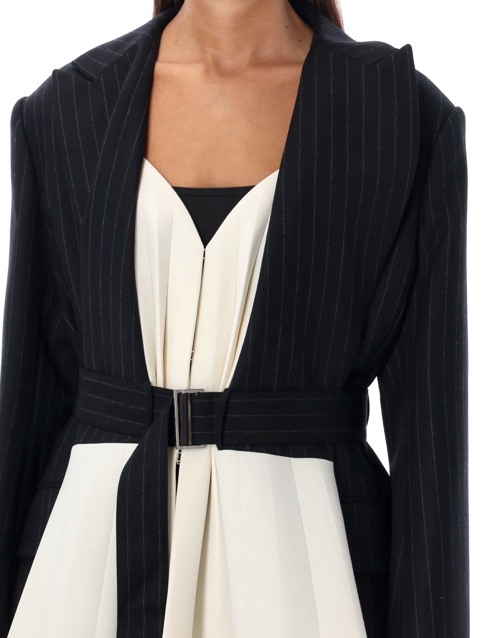 Shop Sacai Chalk Stripe X Suiting Bonding Jacket In Black/white