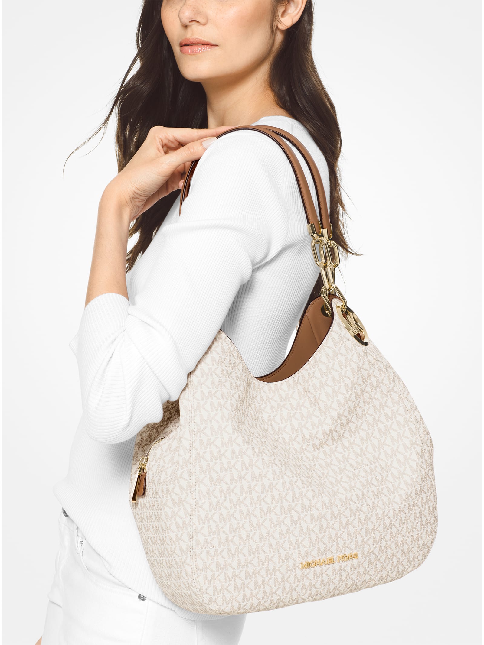 Shop Michael Kors Large Lillie Shoulder Bag With Logo In Vanilla Acrn