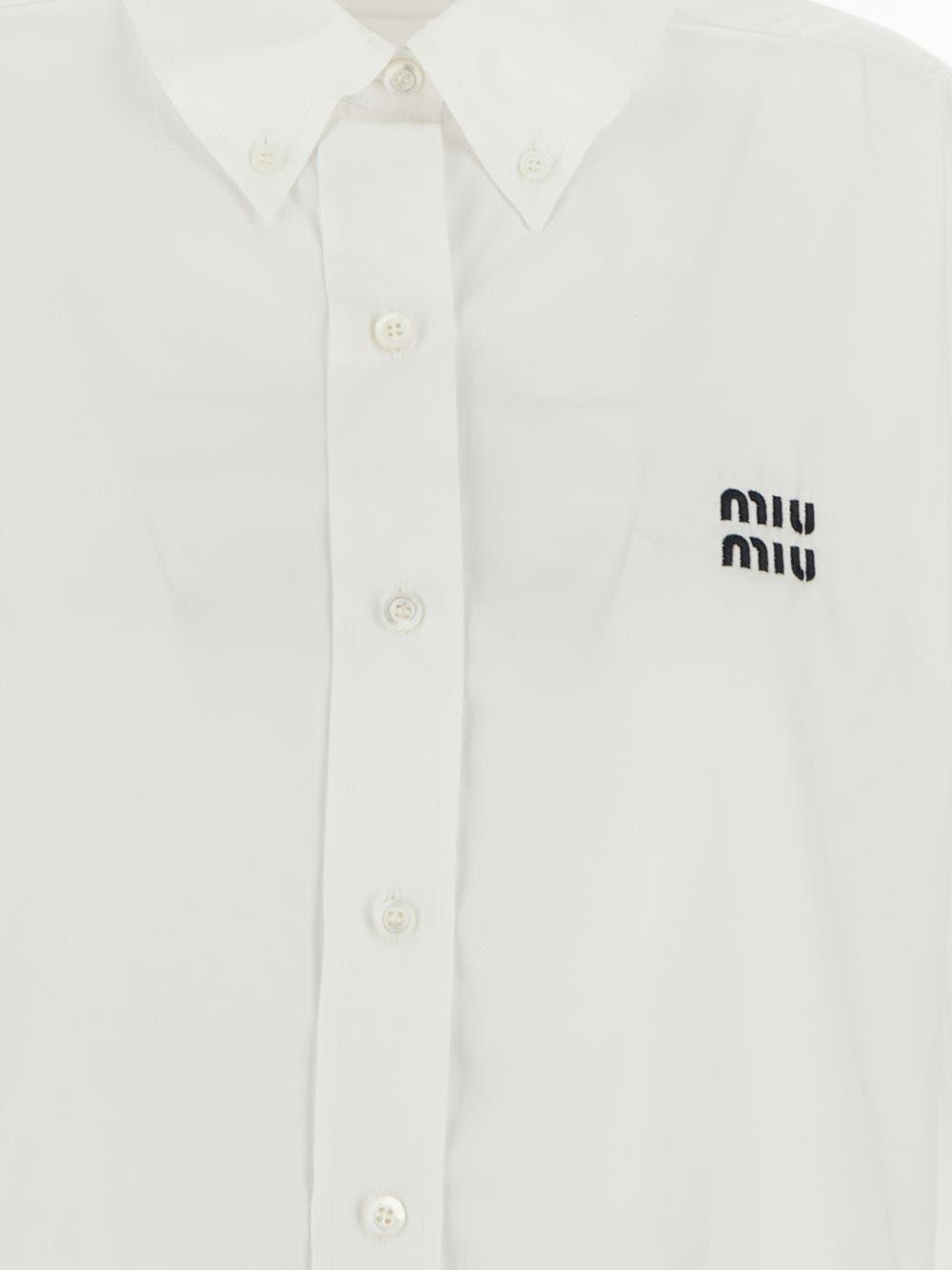 Miu Miu Cropped Long Sleeve Shirt With Point Collar In White