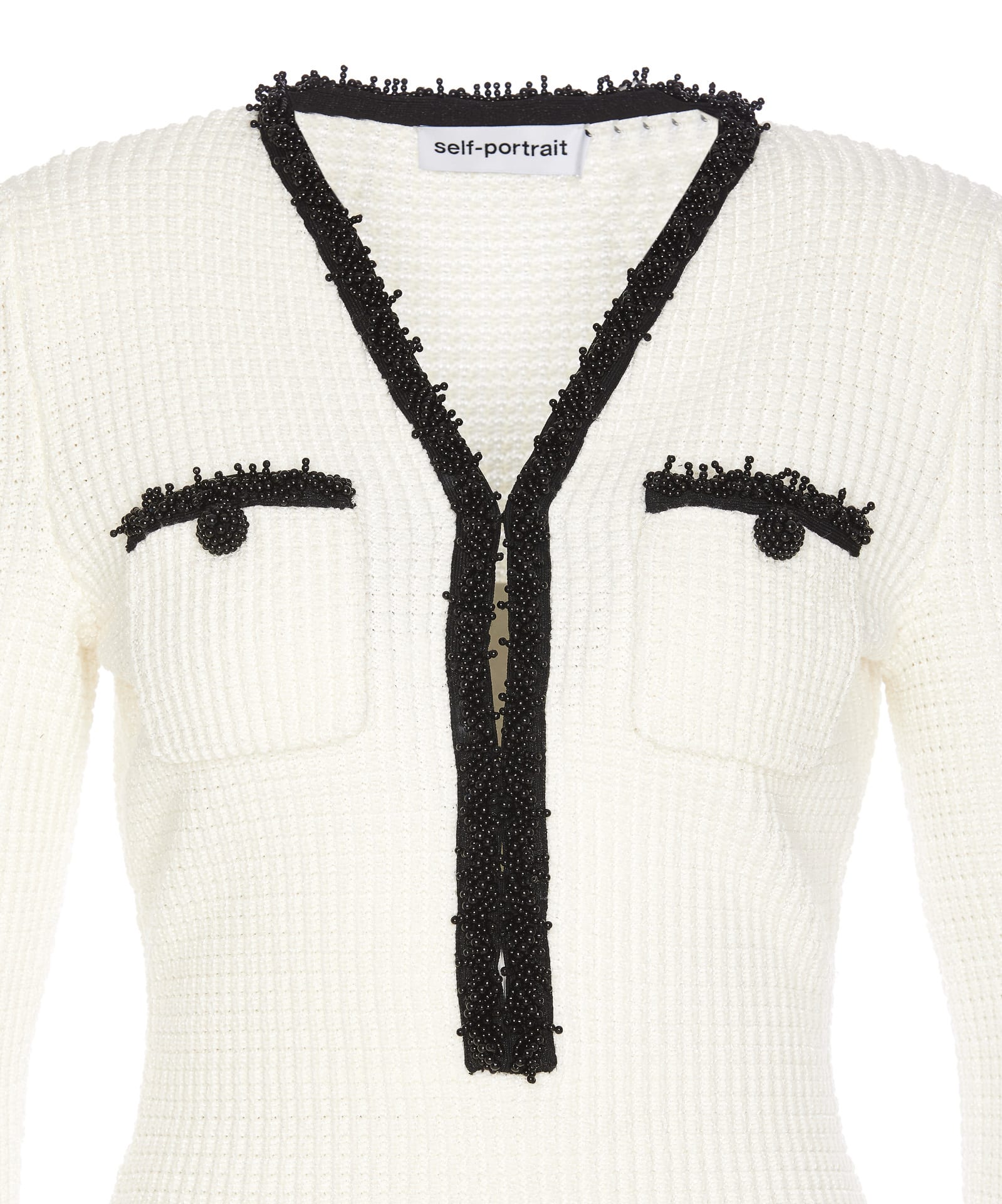 Self-portrait Textured White Dress With Beaded V-neckline In White