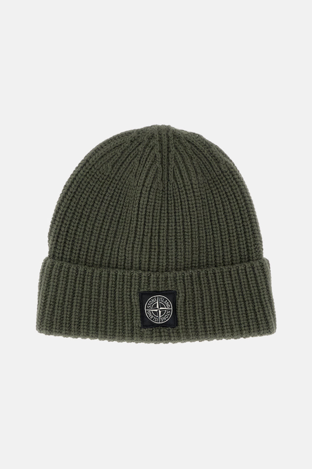 Stone Island Beanie With Compass Patch And Ribbed Cuff In Green