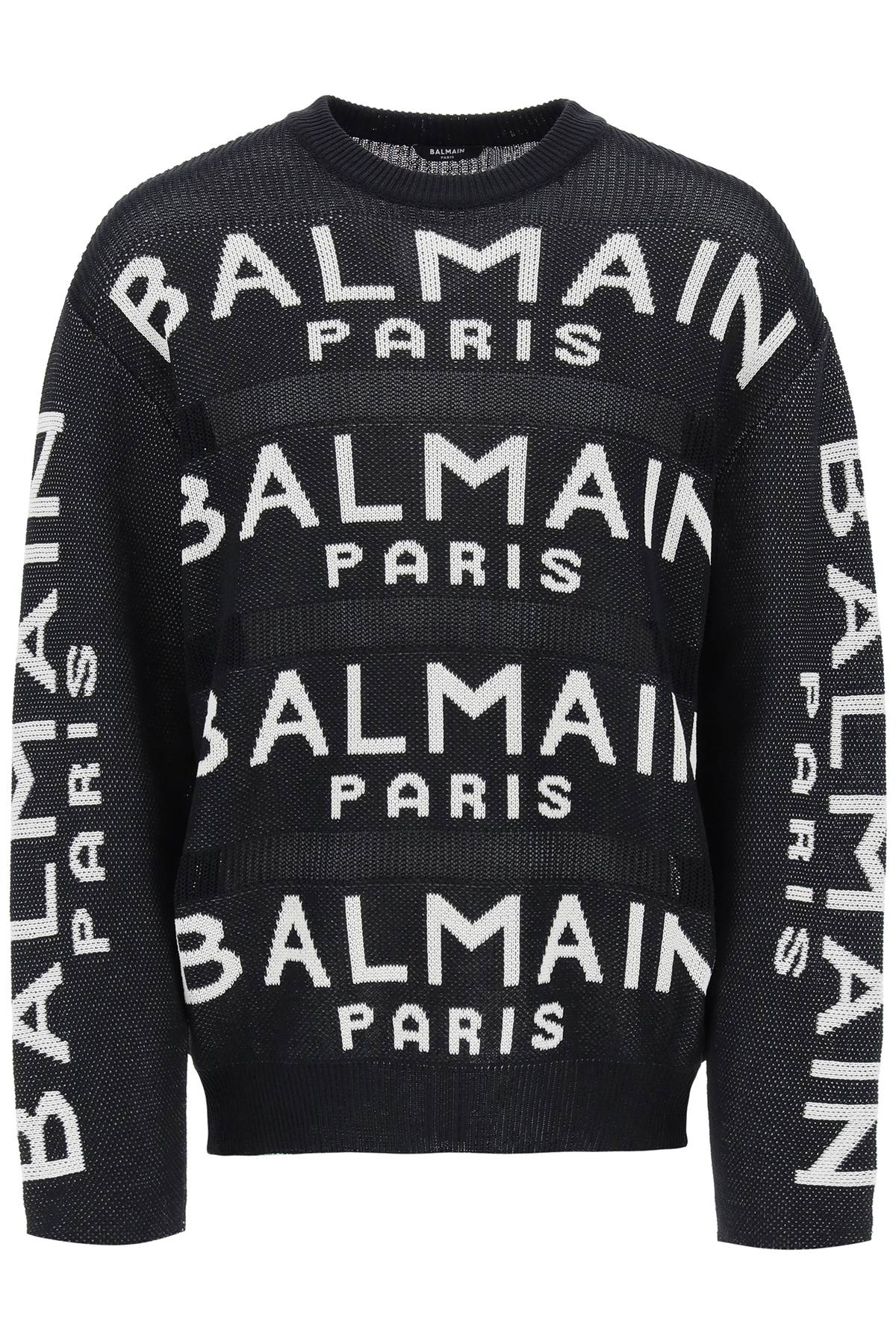Shop Balmain Cotton Pullover With All-over Logo In Noir Blanc (black)
