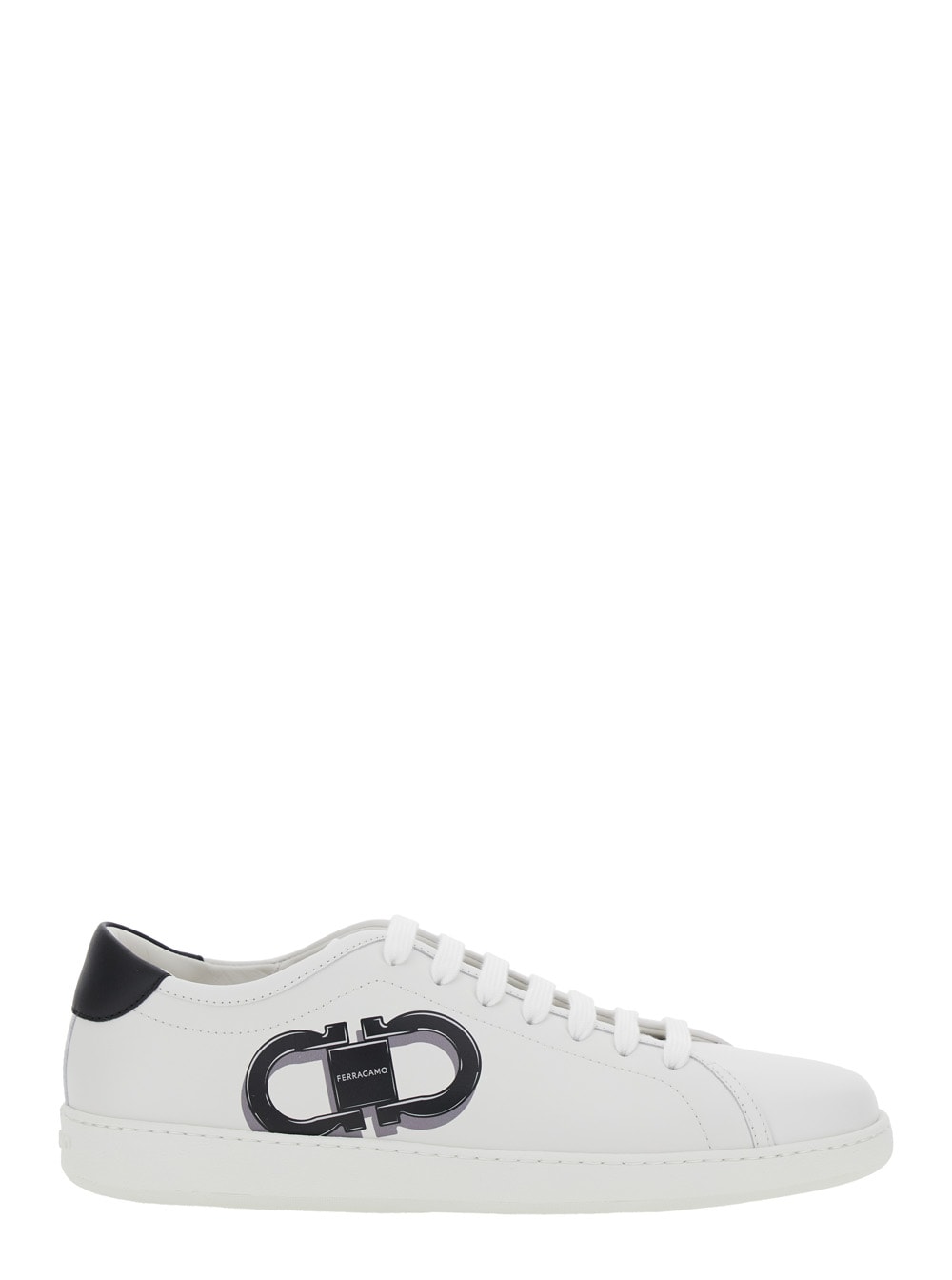 White Sneakers With Gancini Print On The Side And Contrasting Heel In Leather Man