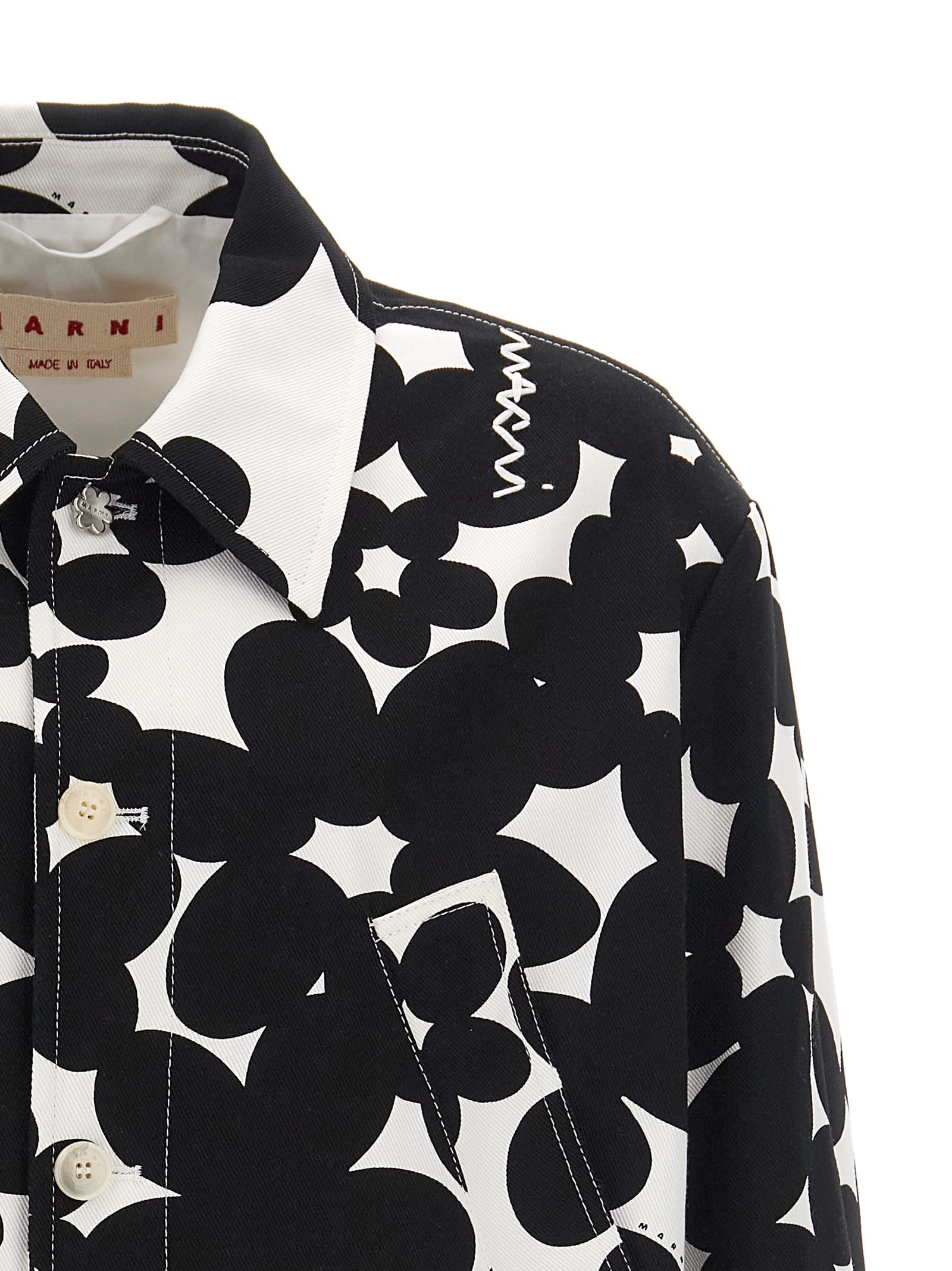 Marni 'floral Bloom' Jacket With Front Pockets In White/black