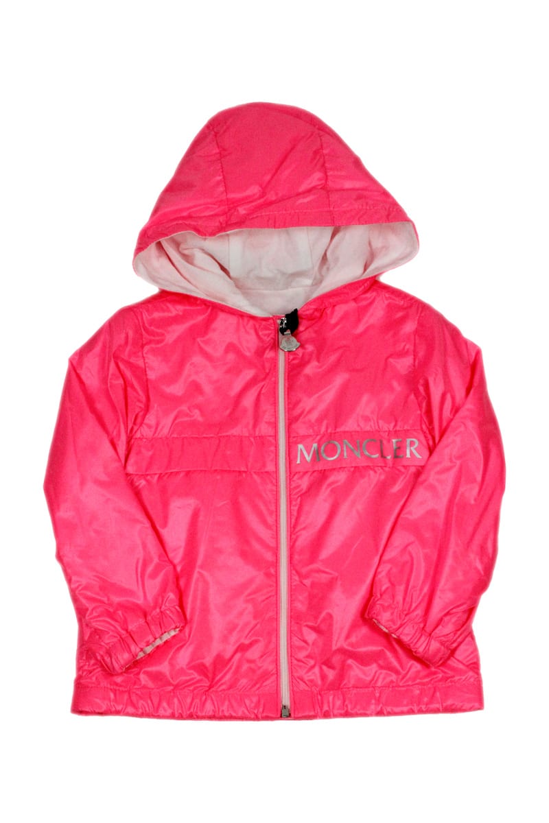 Moncler Kids' Admeta Windproof Jacket With Hood And Zip In Nylon And Cotton Inside And With Writing On The Front In Fucsia