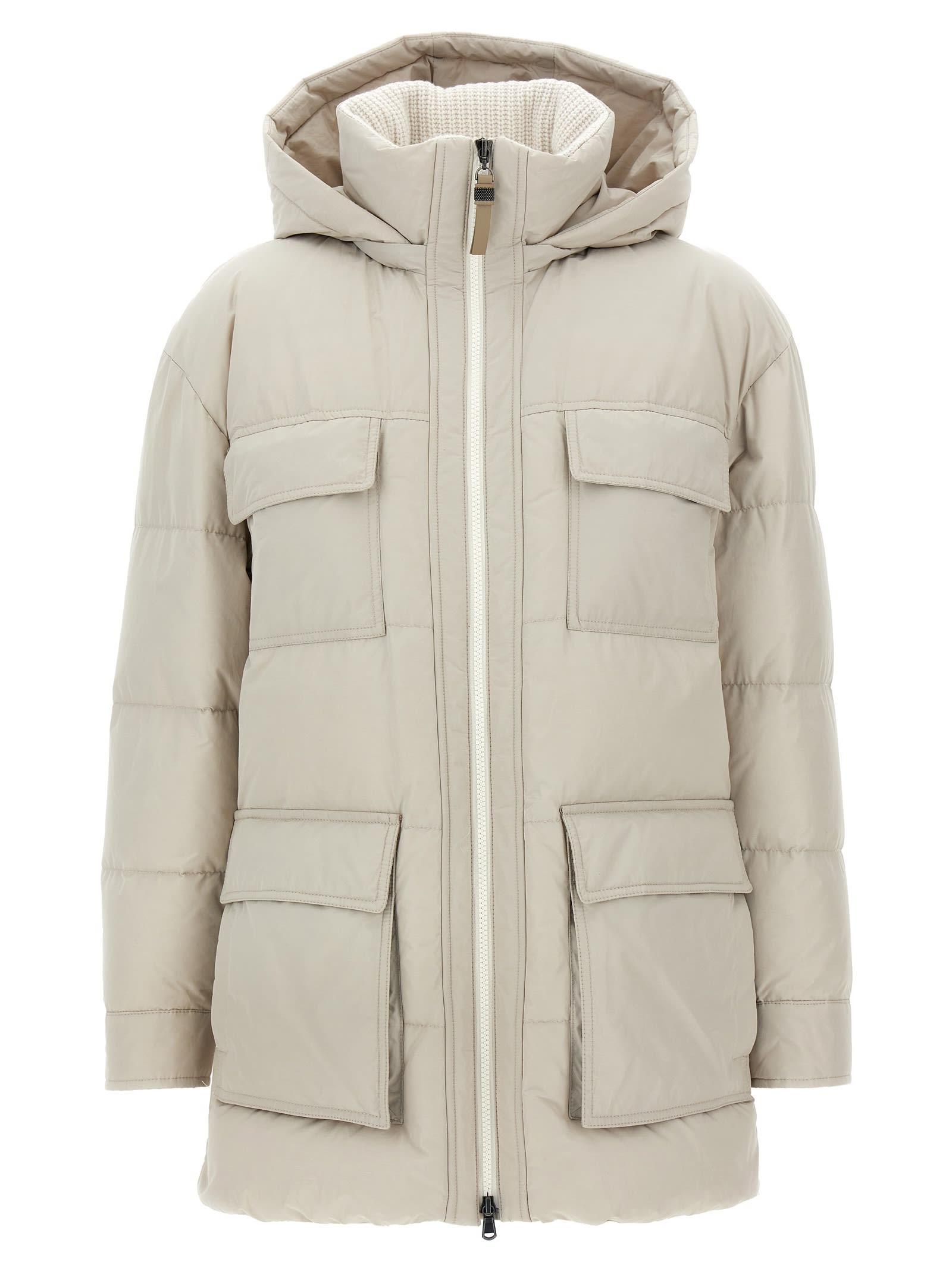 Brunello Cucinelli Knitted Neck Down Jacket Puffer Jackets Beige In White