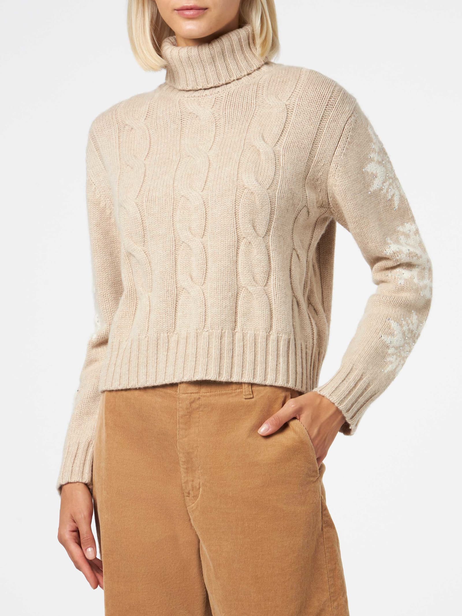 Shop Mc2 Saint Barth Woman Turtleneck Braided Sweater With Snowflake Rhinestones In Brown