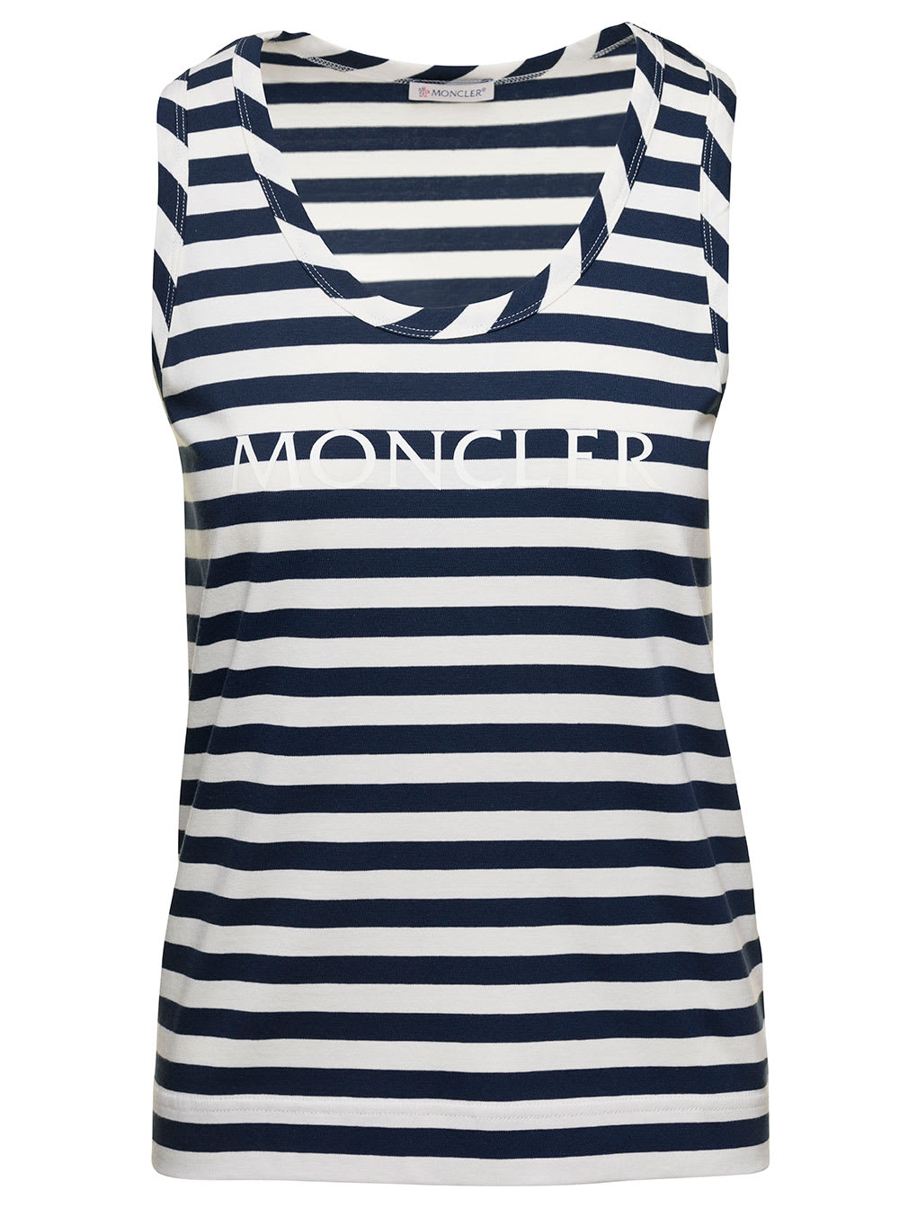 MONCLER NAVY BLUE AND WHITE SLEEVELESS STRIPED TOP WITH LOGO LETTERING PRINT IN COTTON WOMAN