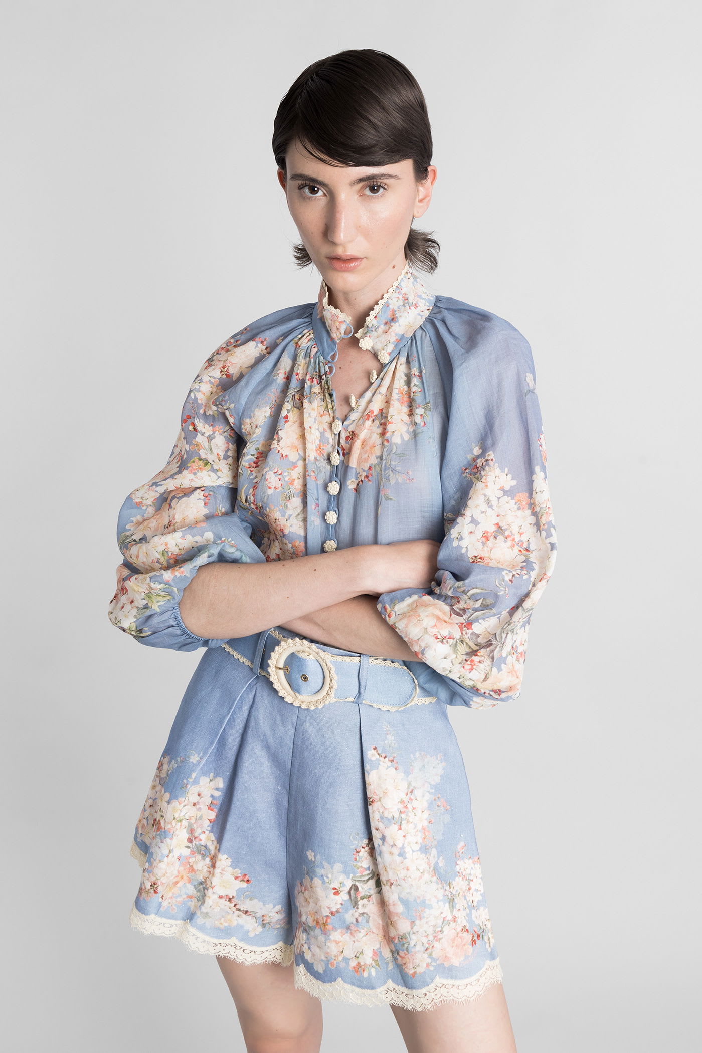 Zimmermann Teal Blue Botanical Floral Linen Cascadian Shorts In Blue