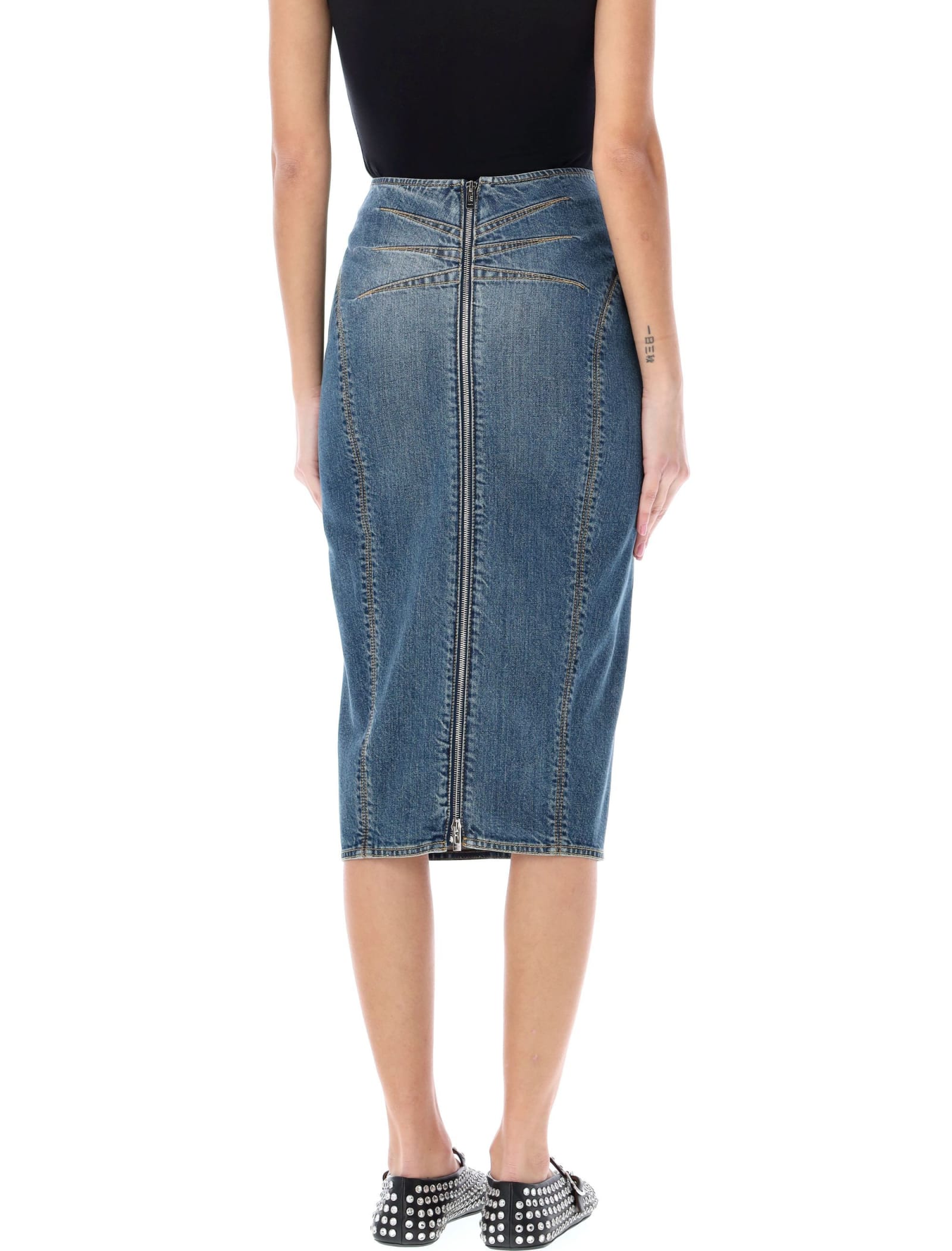 Shop Alaïa Pencil Denim Skirt In Light Blue