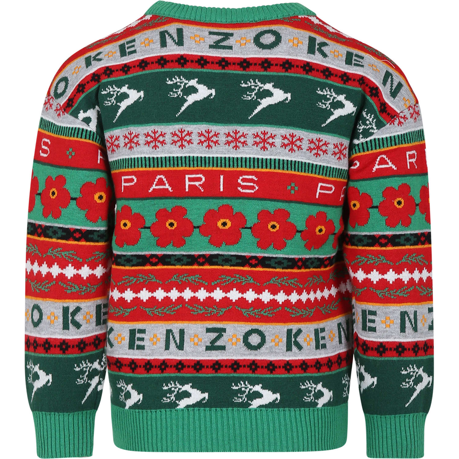 Shop Kenzo Green Sweater For Kids With Jacquard Pattern In Multicolor
