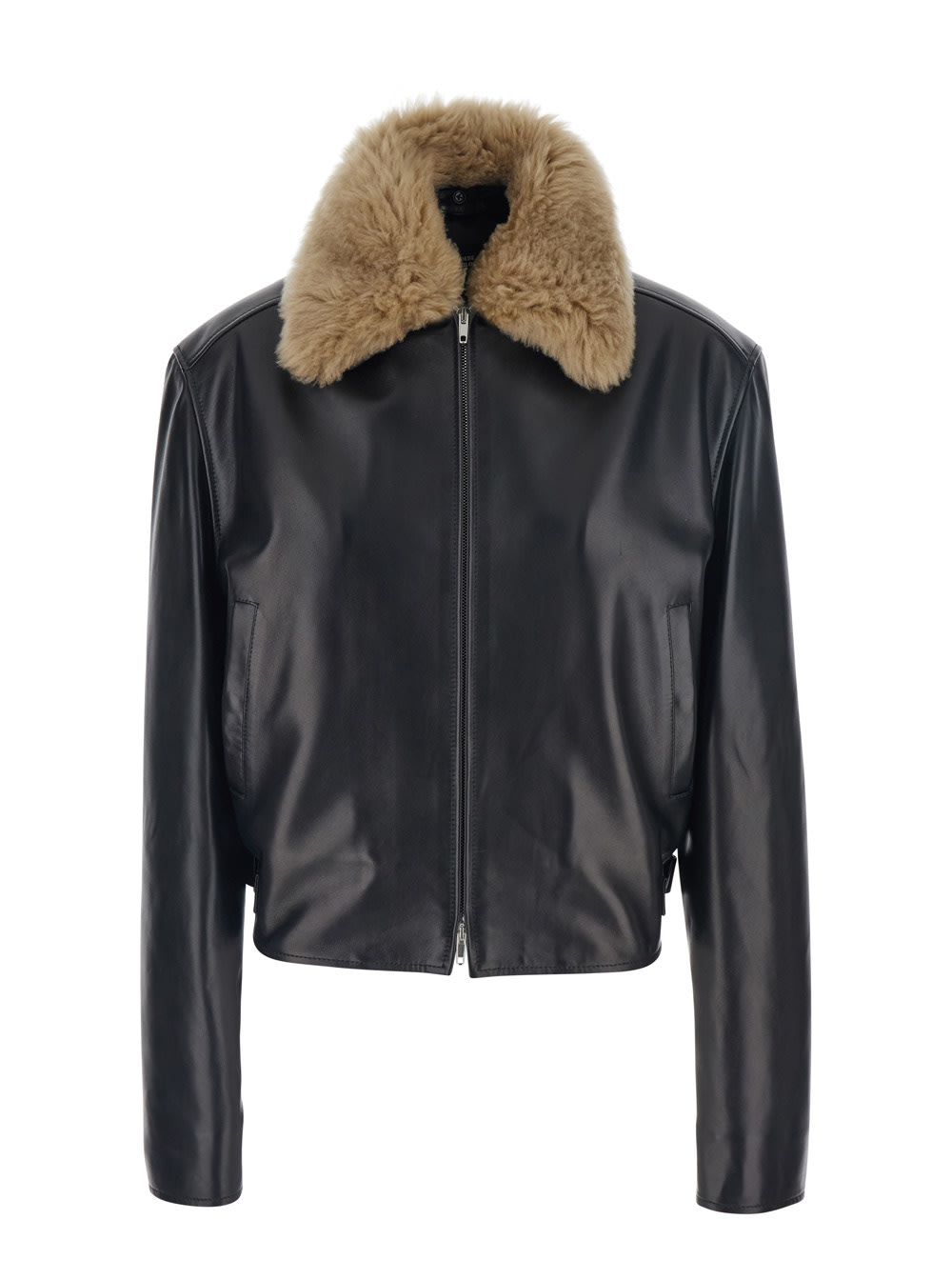 Phoebe Philo Black Cropped Jacket With Removable Fur Collar And Two Front Welt Pockets In Leather Woman In Blue