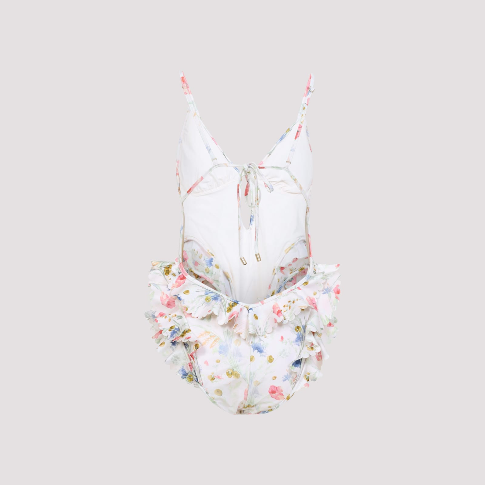 Zimmermann Multicolour Floral Swimsuit With Ruffled Edges And Adjustable Ties In White