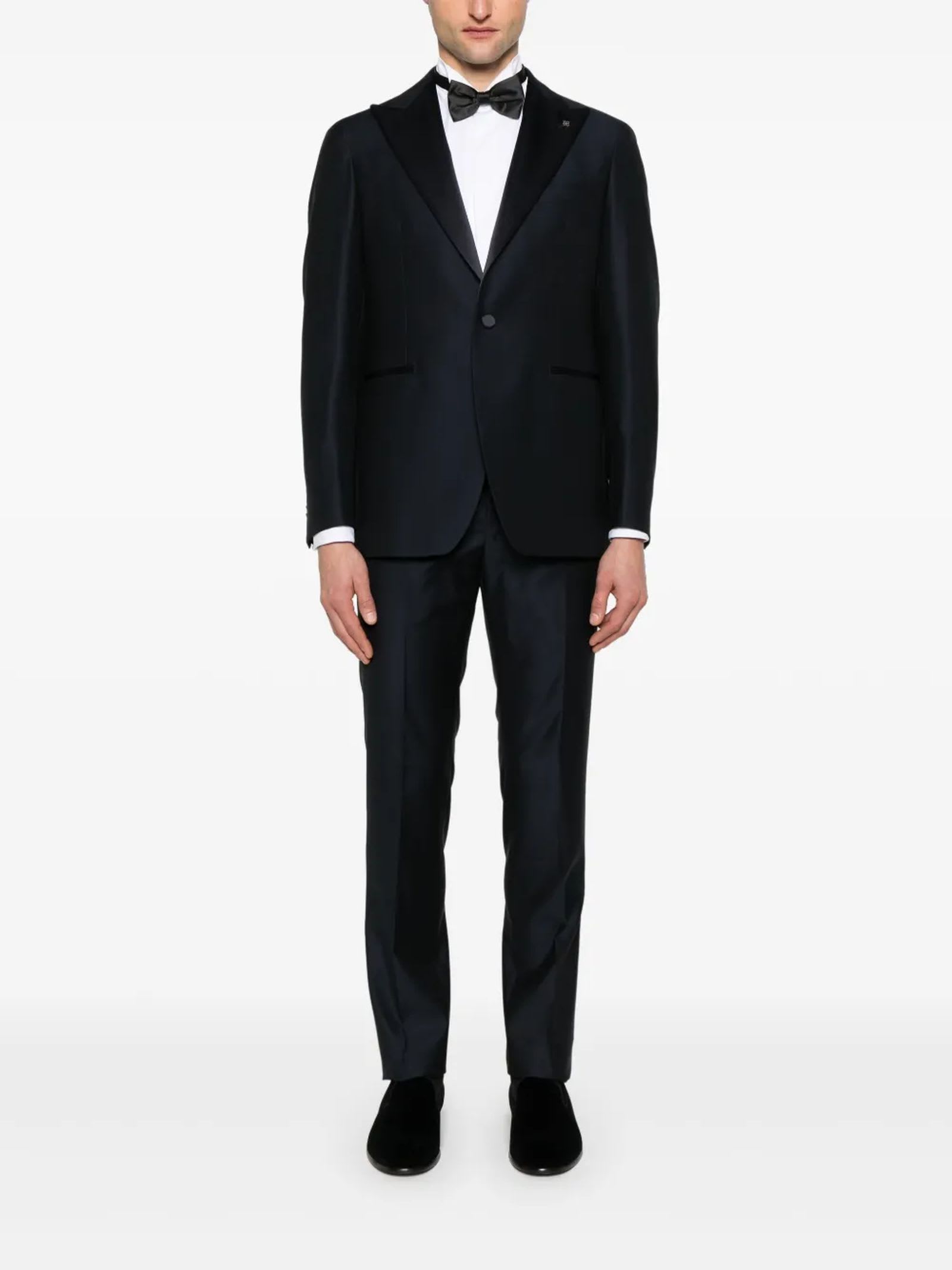 Tagliatore Blue Tailored Suit With Satin Lapel And Shoulders In Blue