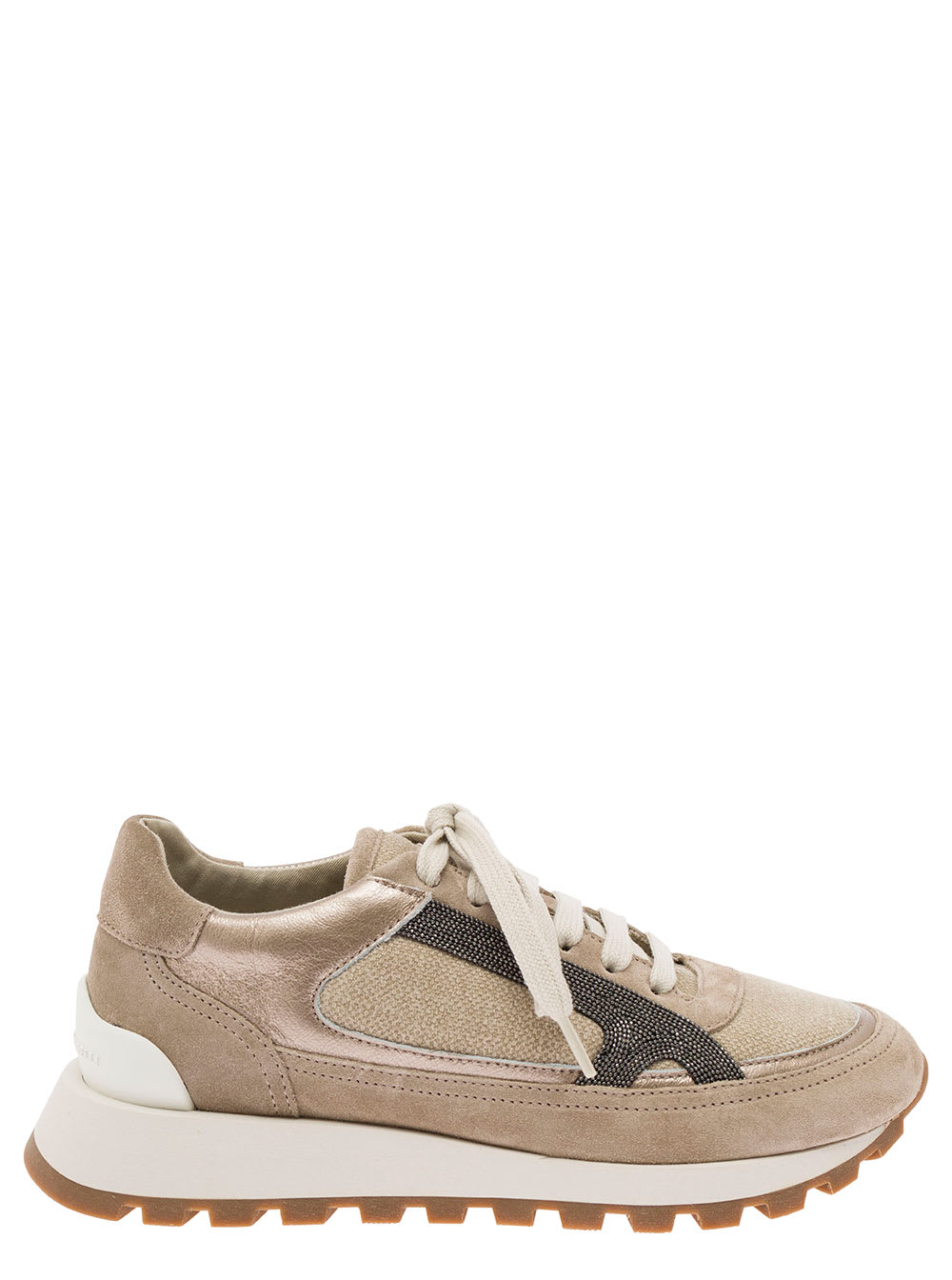 Shop Brunello Cucinelli Beige Low Top Sneakers With Monile Detail In Leather And Suede Woman In Brown