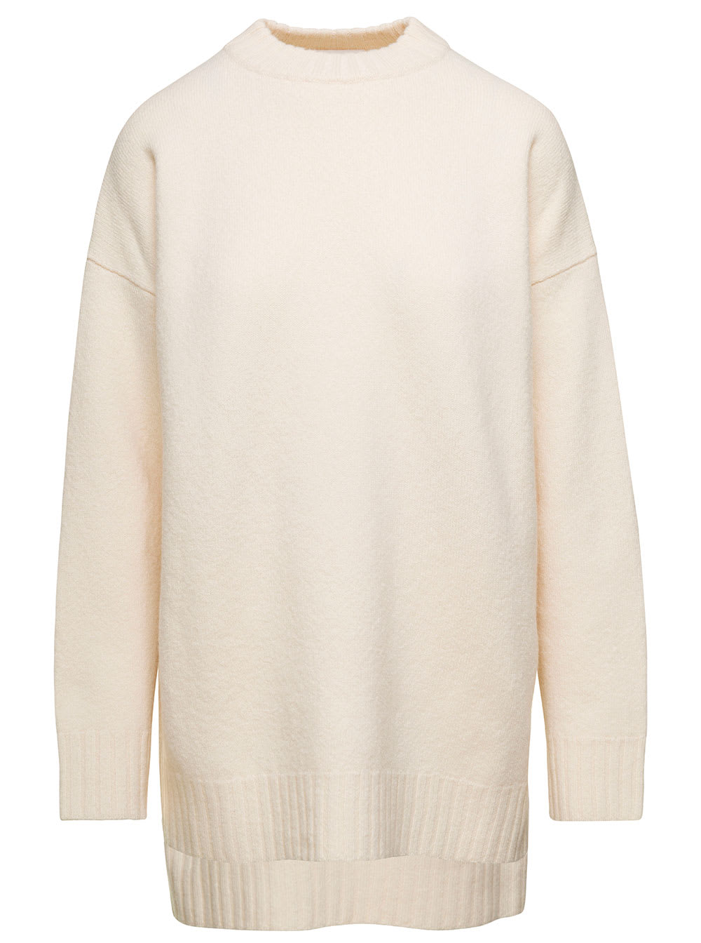 Shop Jil Sander Oversized White Crewneck Sweater With Shorter Hem At The Front In Wool Woman