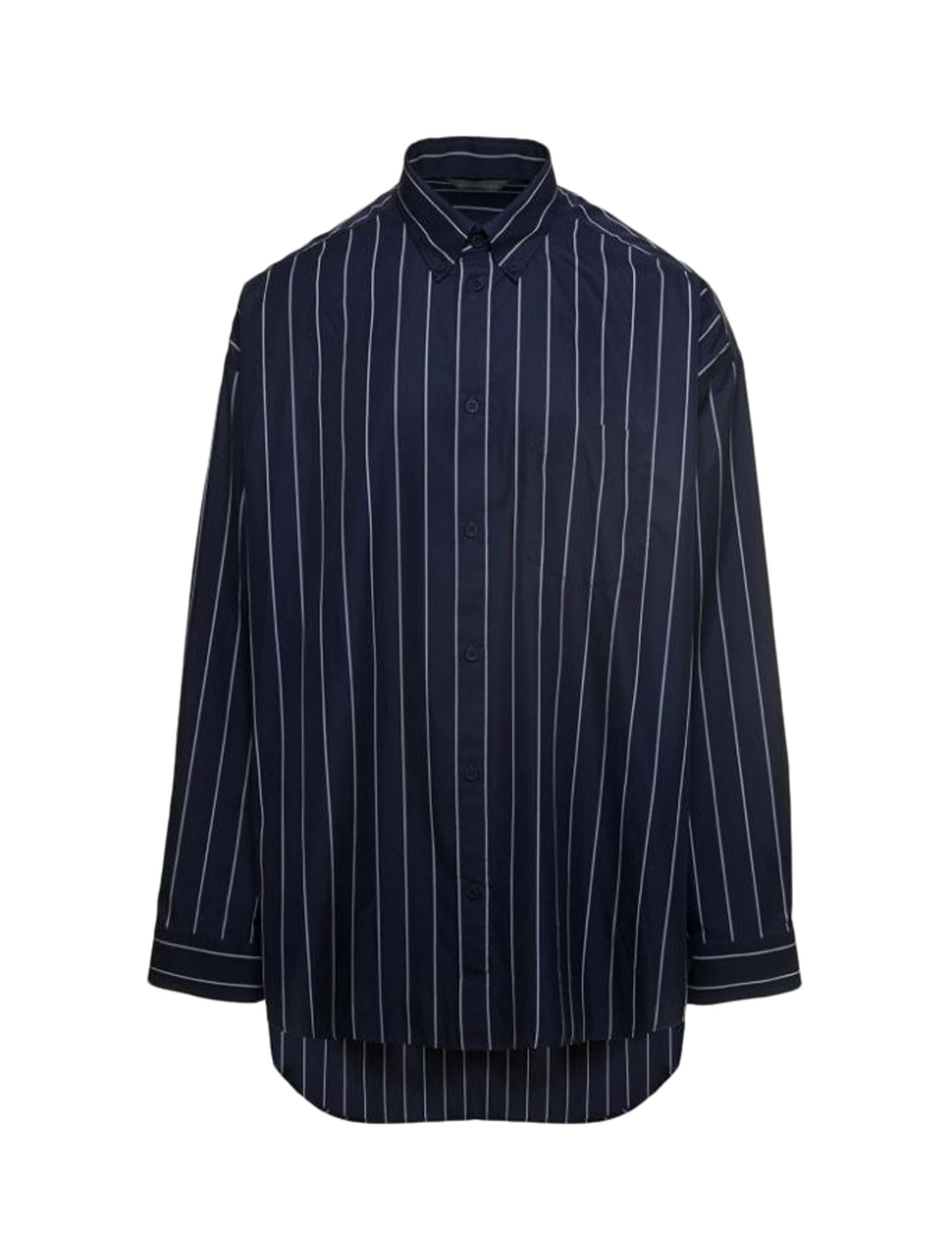 Balenciaga Striped Oversized Cotton Blend Shirt In Navy White